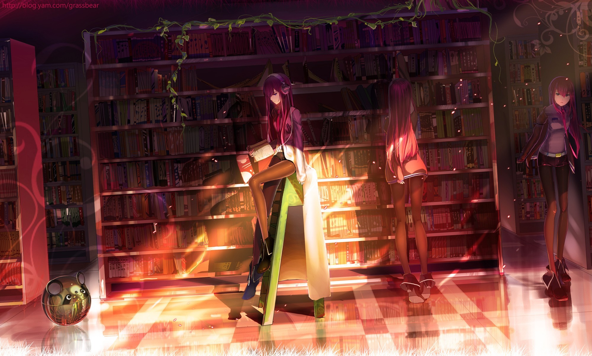 Anime 2000x1204 Steins;Gate Makise Kurisu anime anime girls library books purple hair long hair headphones women indoors women sitting standing