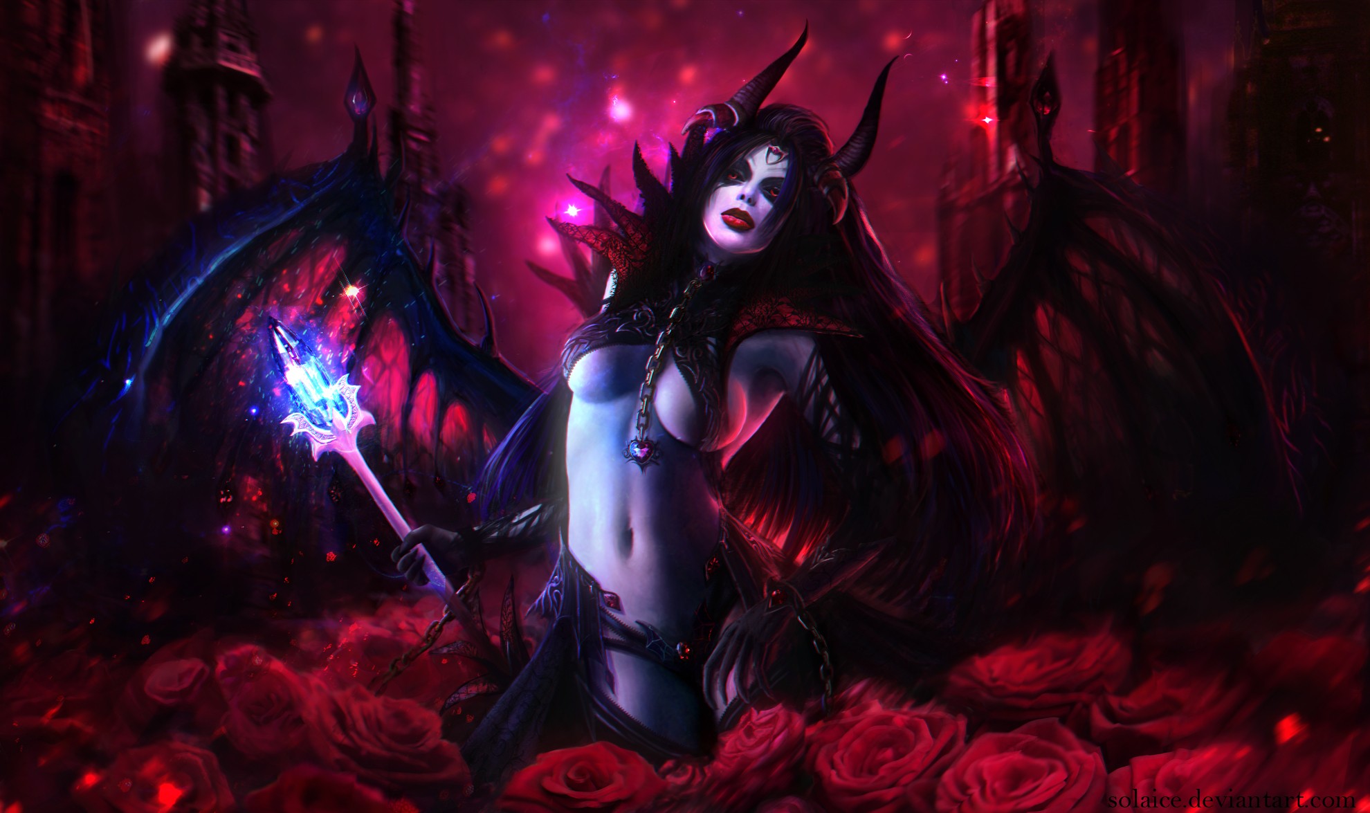 General 1980x1175 Dota 2 Queen of Pain PC gaming erotic art  fantasy art fantasy girl video game art video game girls succubus horns red eyes red lipstick boobs big boobs belly wings DeviantArt
