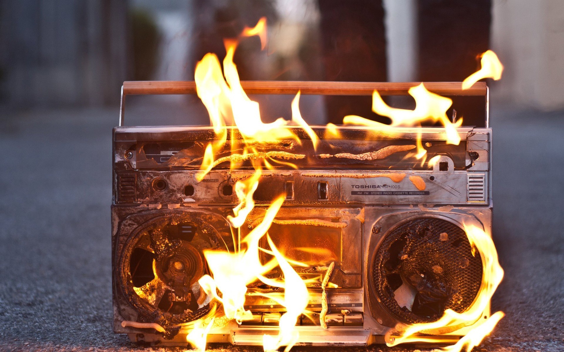 General 1920x1200 fire music stereos melting ground broken boombox asphalt closeup