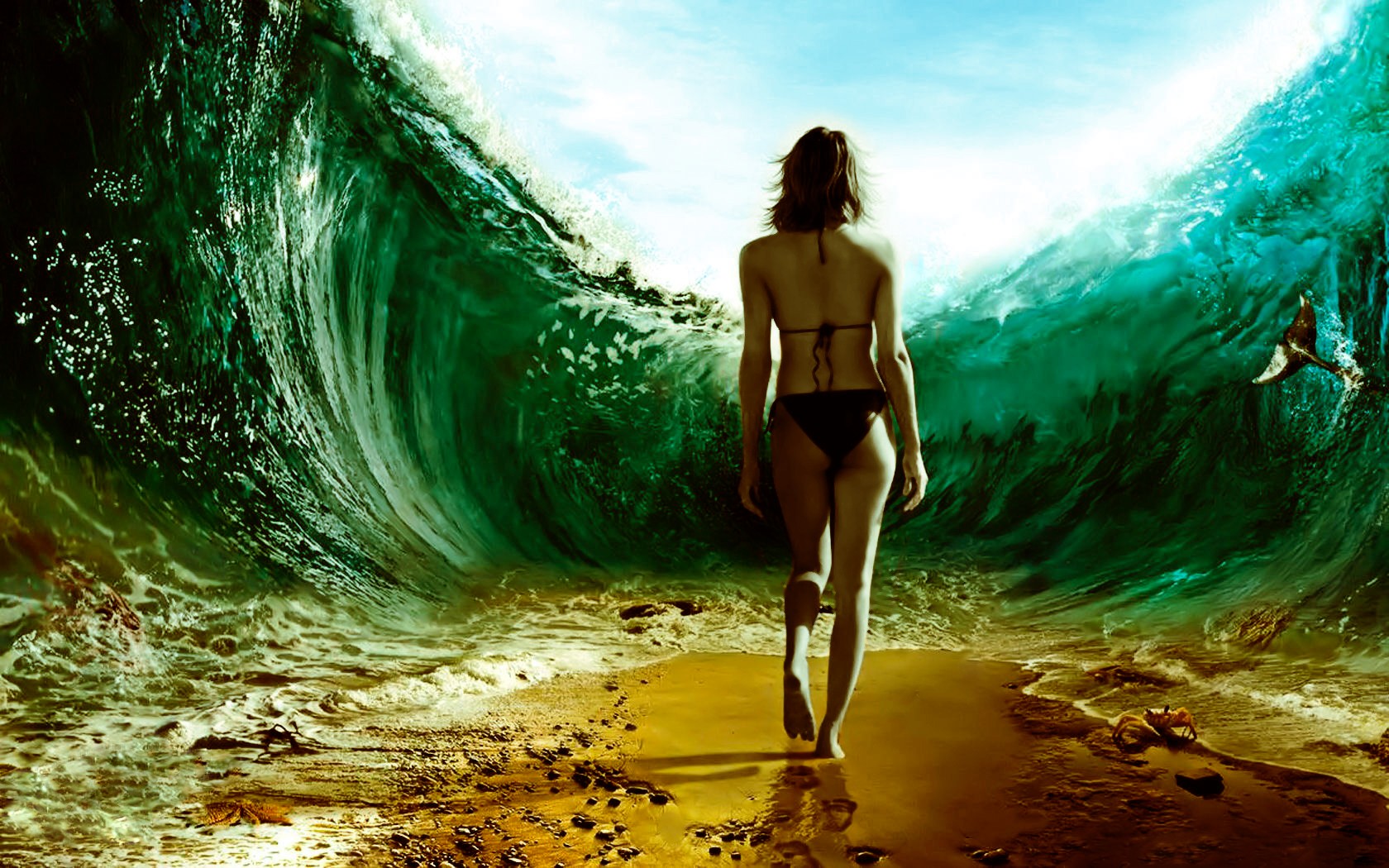 General 1680x1050 artwork digital art women back bikini barefoot walking waves sea