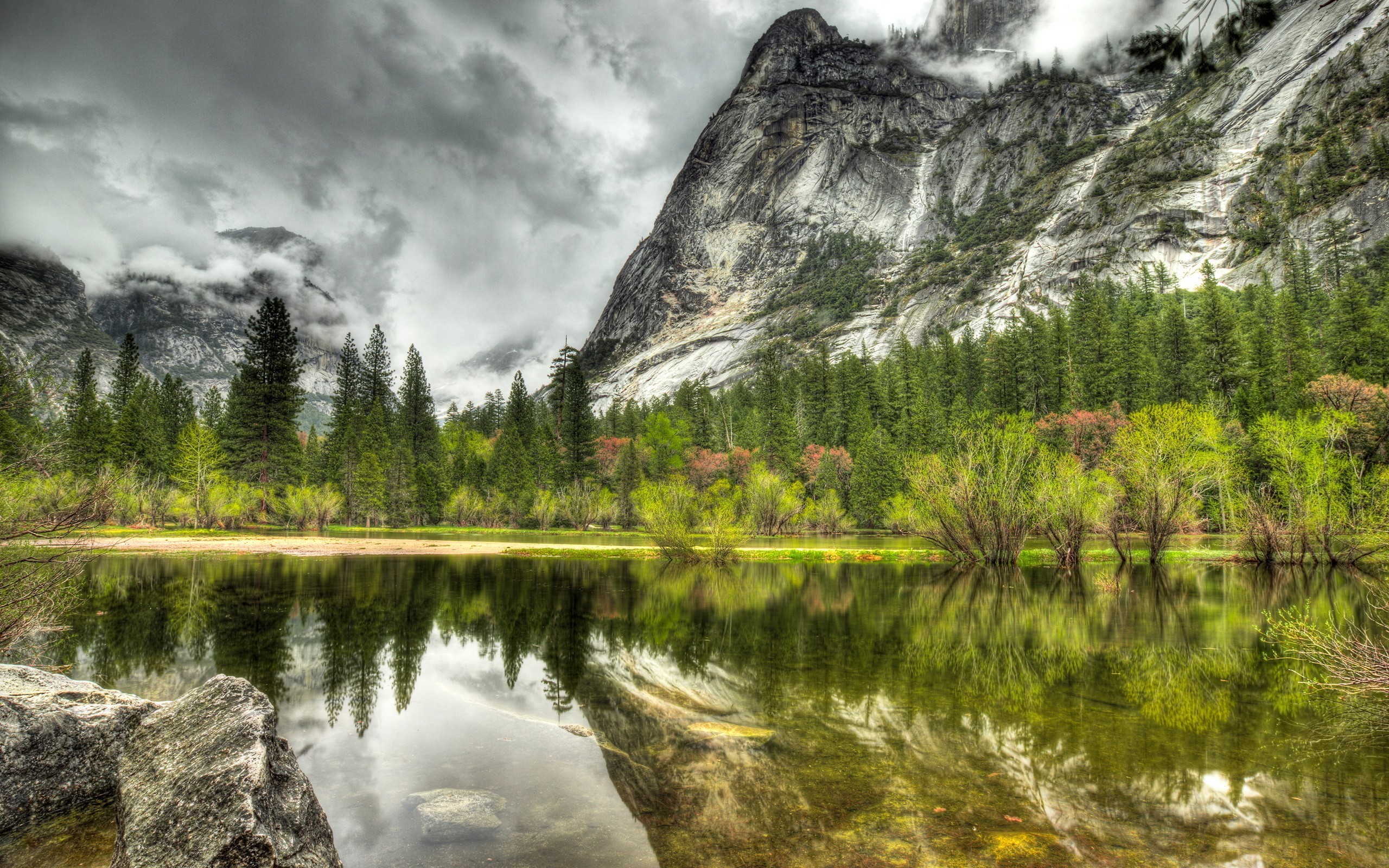 General 2560x1600 nature HDR landscape lake mountains trees clouds stones reflection Yosemite National Park Half Dome