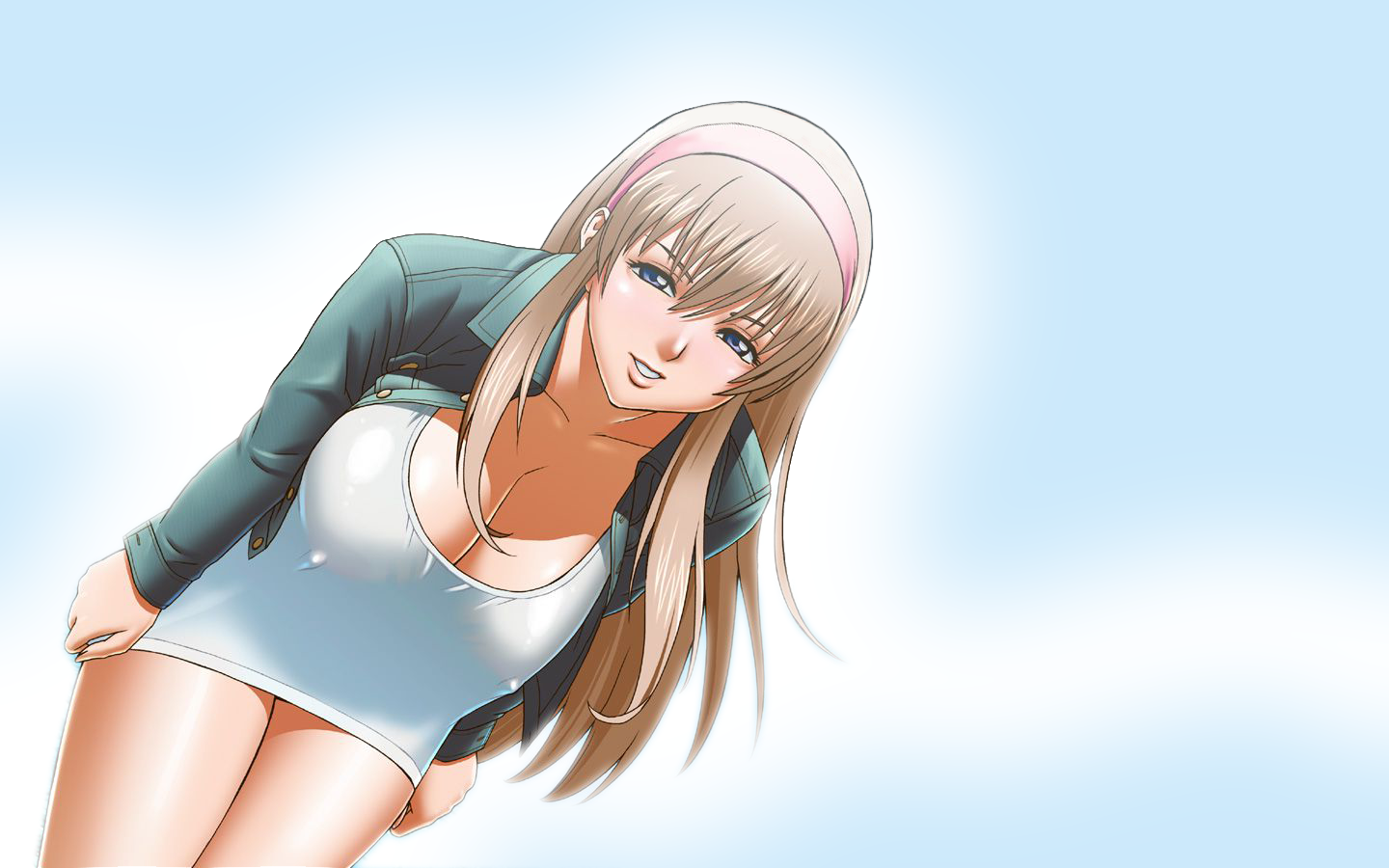Anime 1440x900 anime Dead or Alive big boobs miniskirt anime girls women boobs huge breasts looking at viewer simple background video games video game art video game girls video game warriors video game characters Hitomi (Dead or Alive)