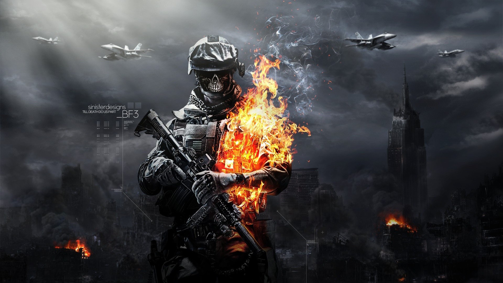 General 1920x1080 Battlefield 3 video games skull fire video game art PC gaming EA Games weapon Electronic Arts
