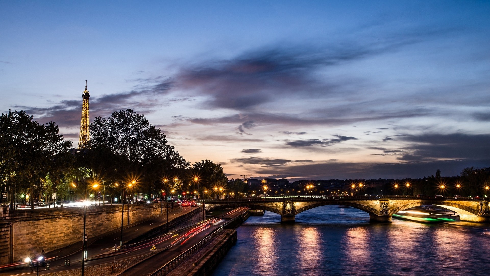 General 1920x1080 cityscape city HDR lights bridge Paris evening dusk river light trails idyllic France