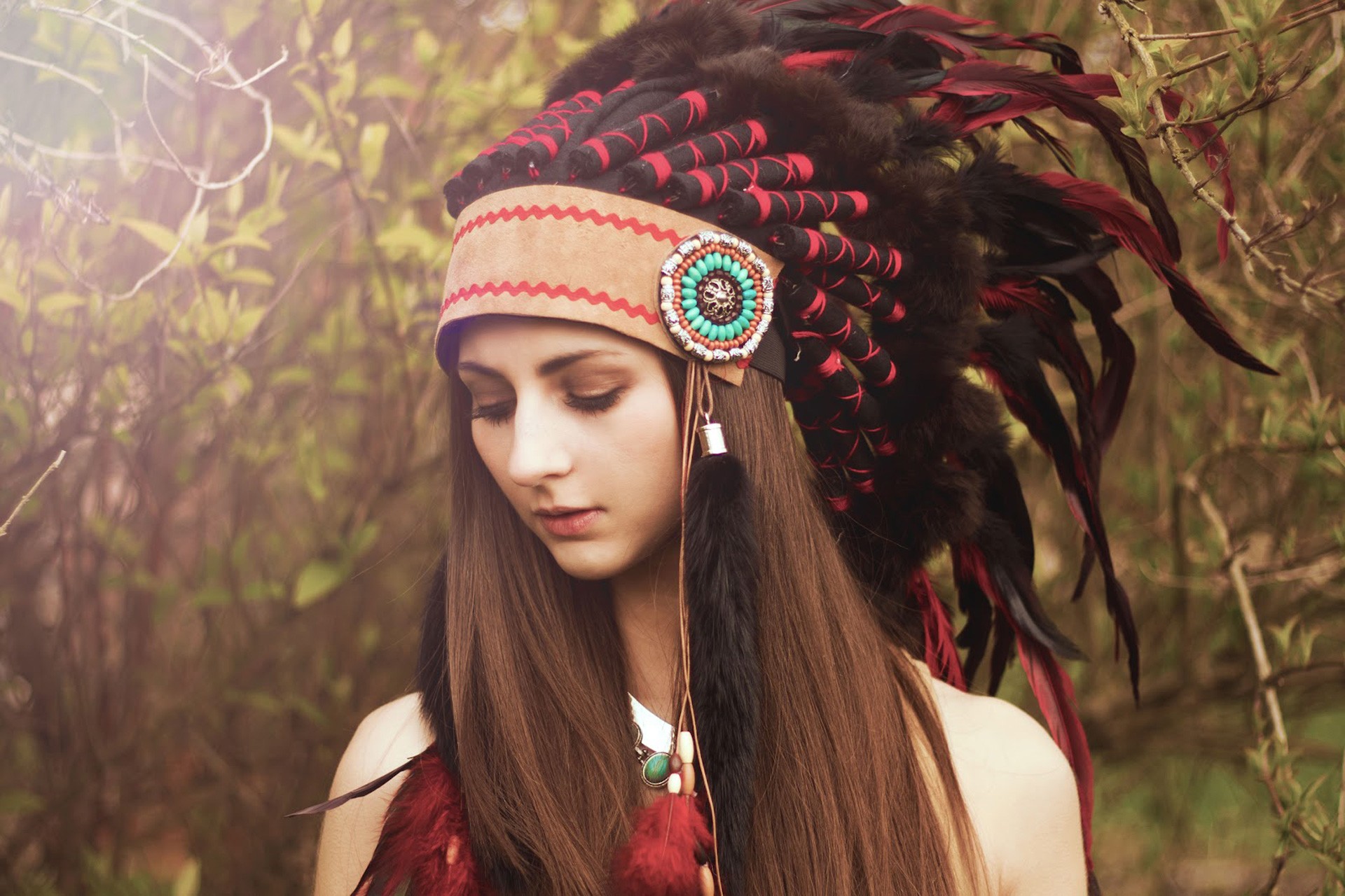People 1920x1280 brunette headdress feathers women sacrilege women outdoors outdoors plants long hair Native American clothing