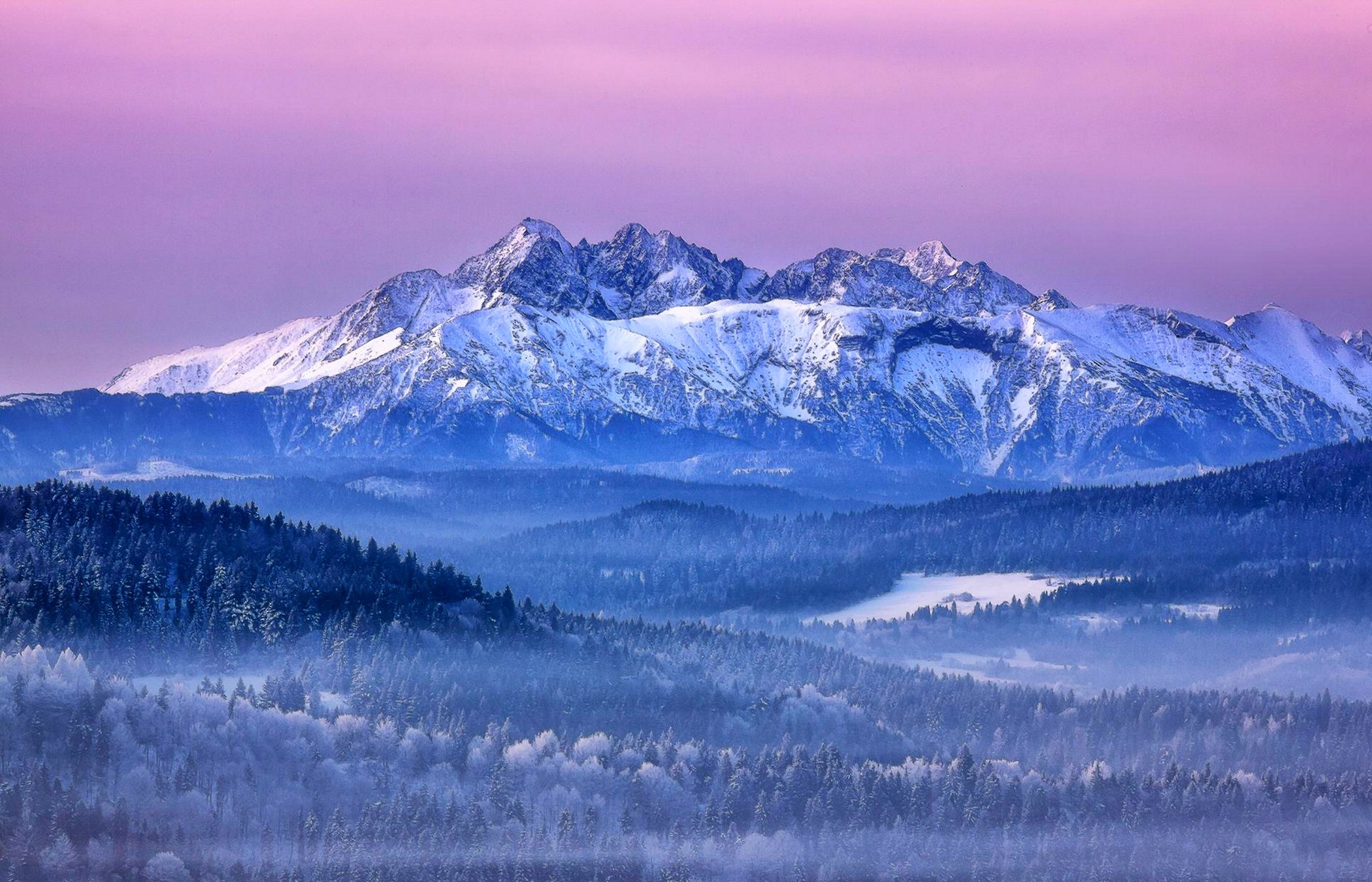 General 2100x1350 nature landscape mountains winter pink sky forest mist snow Slovakia blue snowy peak