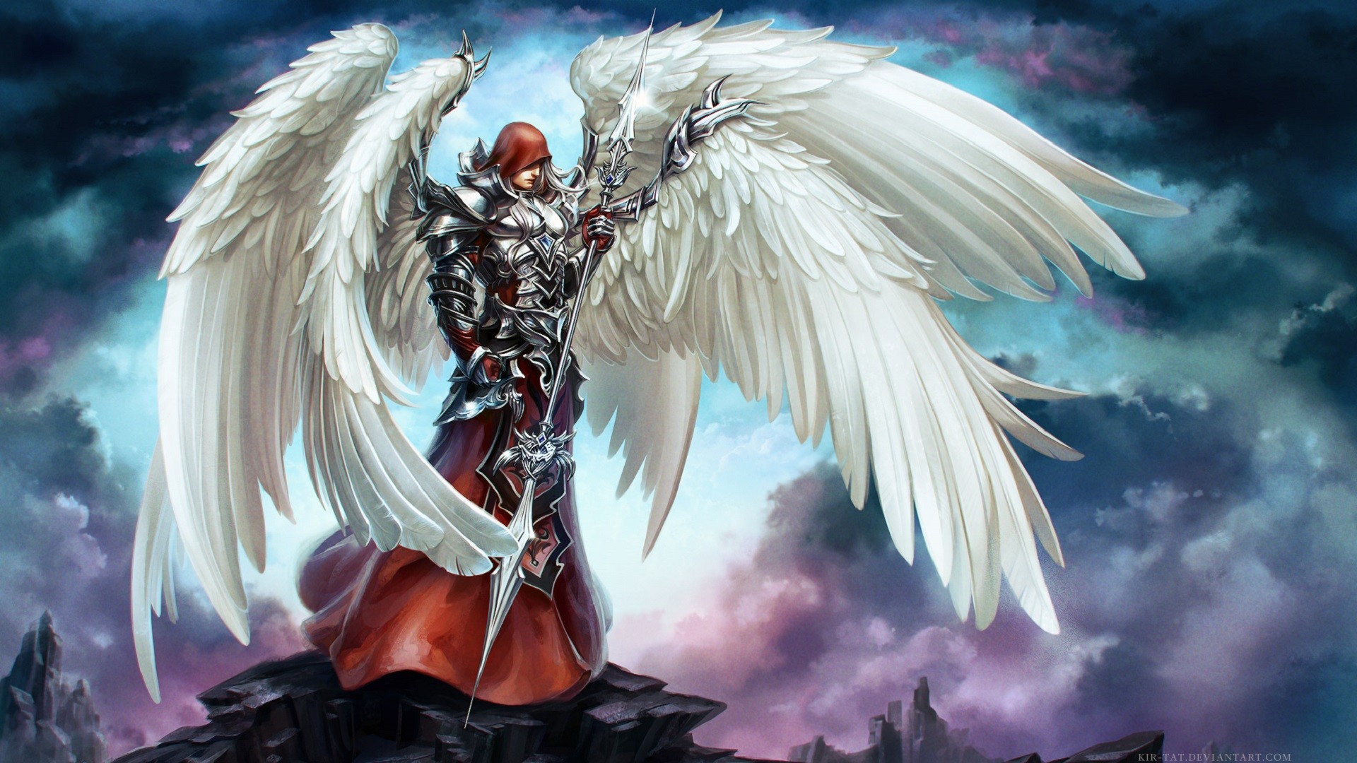 General 1920x1080 angel archangel wings fantasy art artwork staff