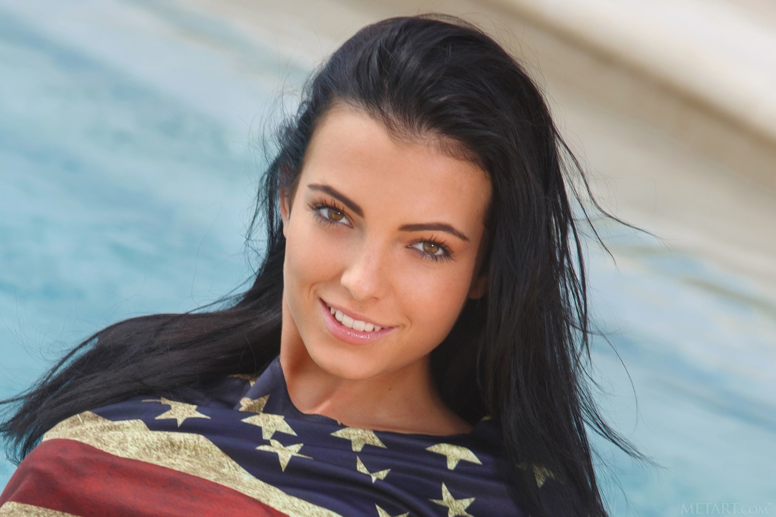 People 1600x1066 Sapphira A women looking at viewer black hair American flag face closeup fake smile long hair model