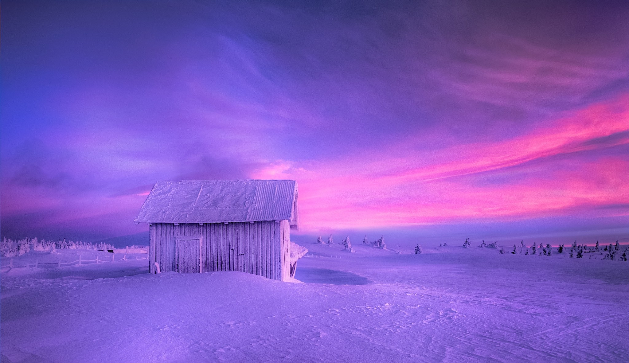 General 2048x1182 nature landscape hut snow winter sky Norway cold frost fence pine trees pink nordic landscapes low light