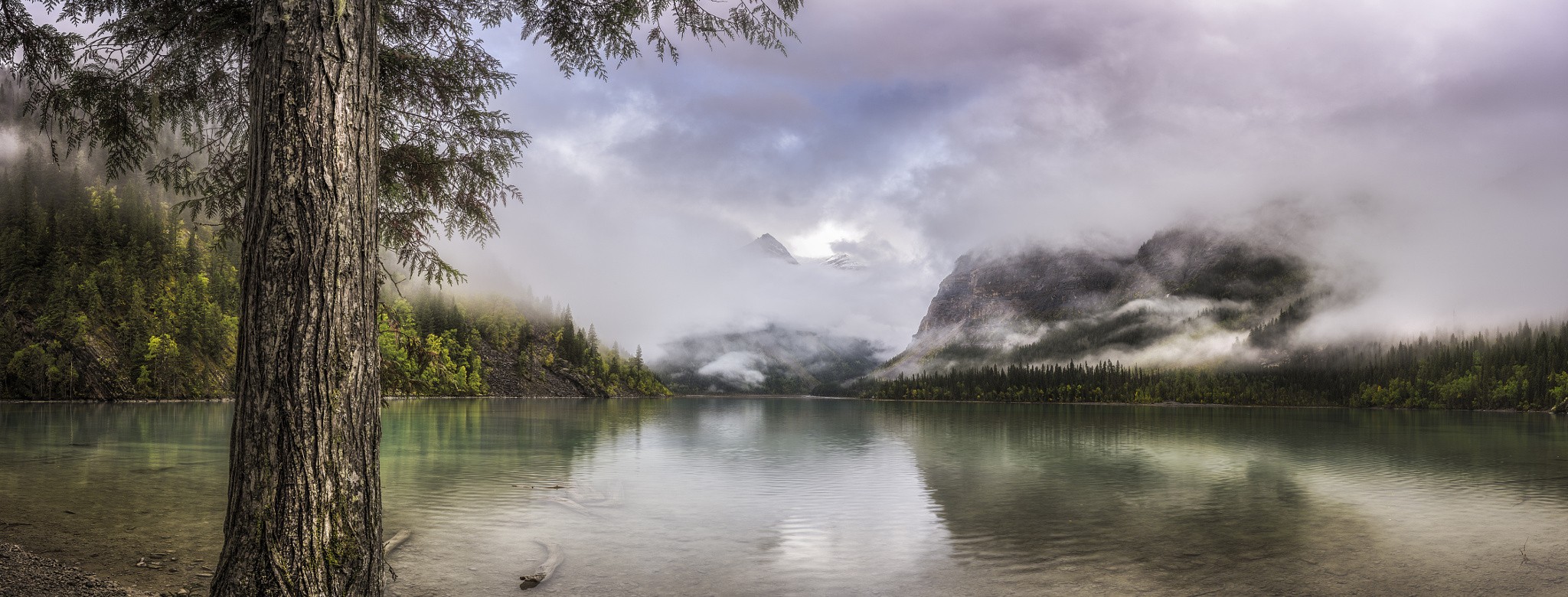 General 2048x780 nature landscape lake mist panorama forest mountains clouds water British Columbia Canada trees