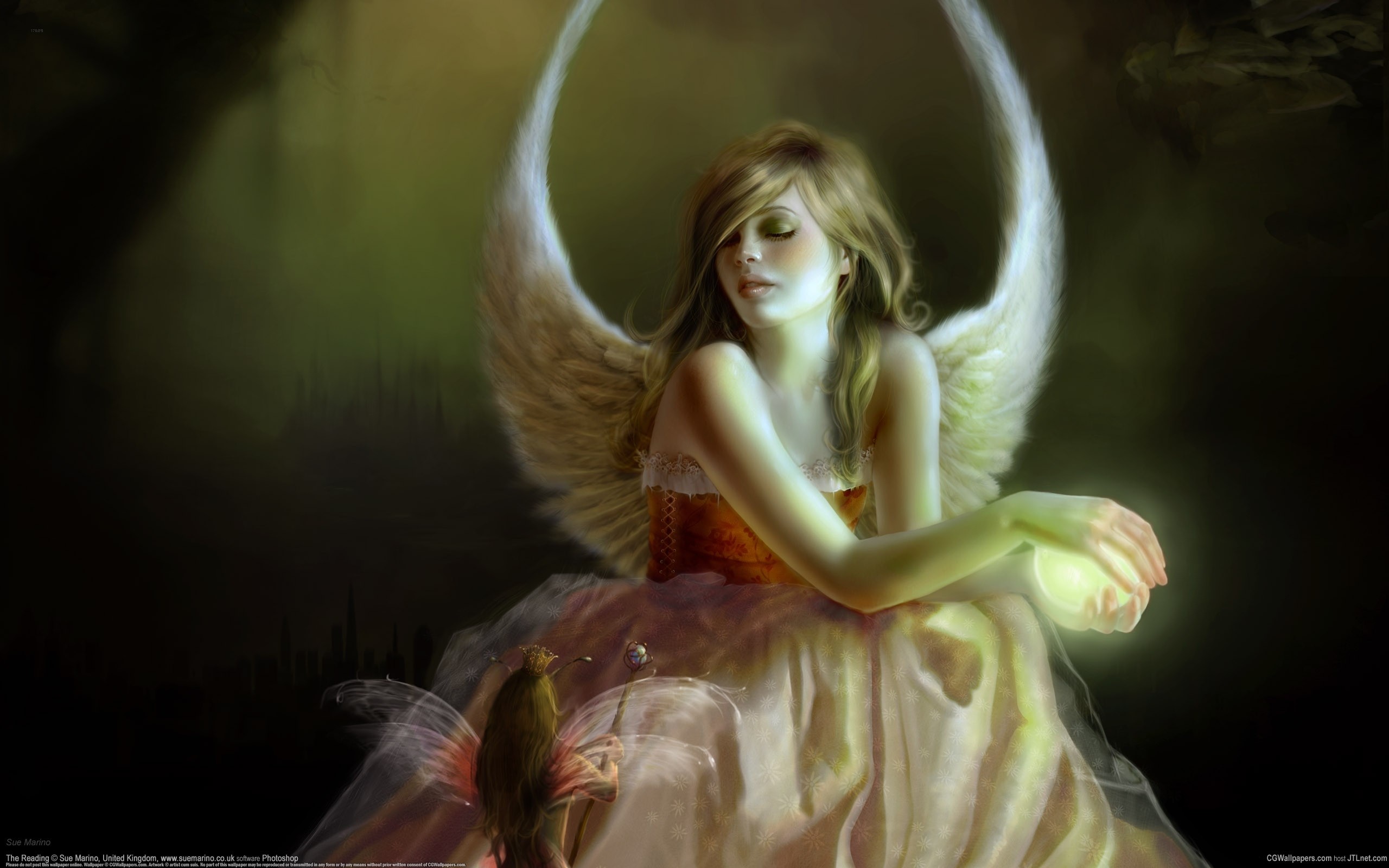 General 2560x1600 angel fantasy art artwork women makeup wings dress fantasy girl long hair Sue Marino digital art watermarked