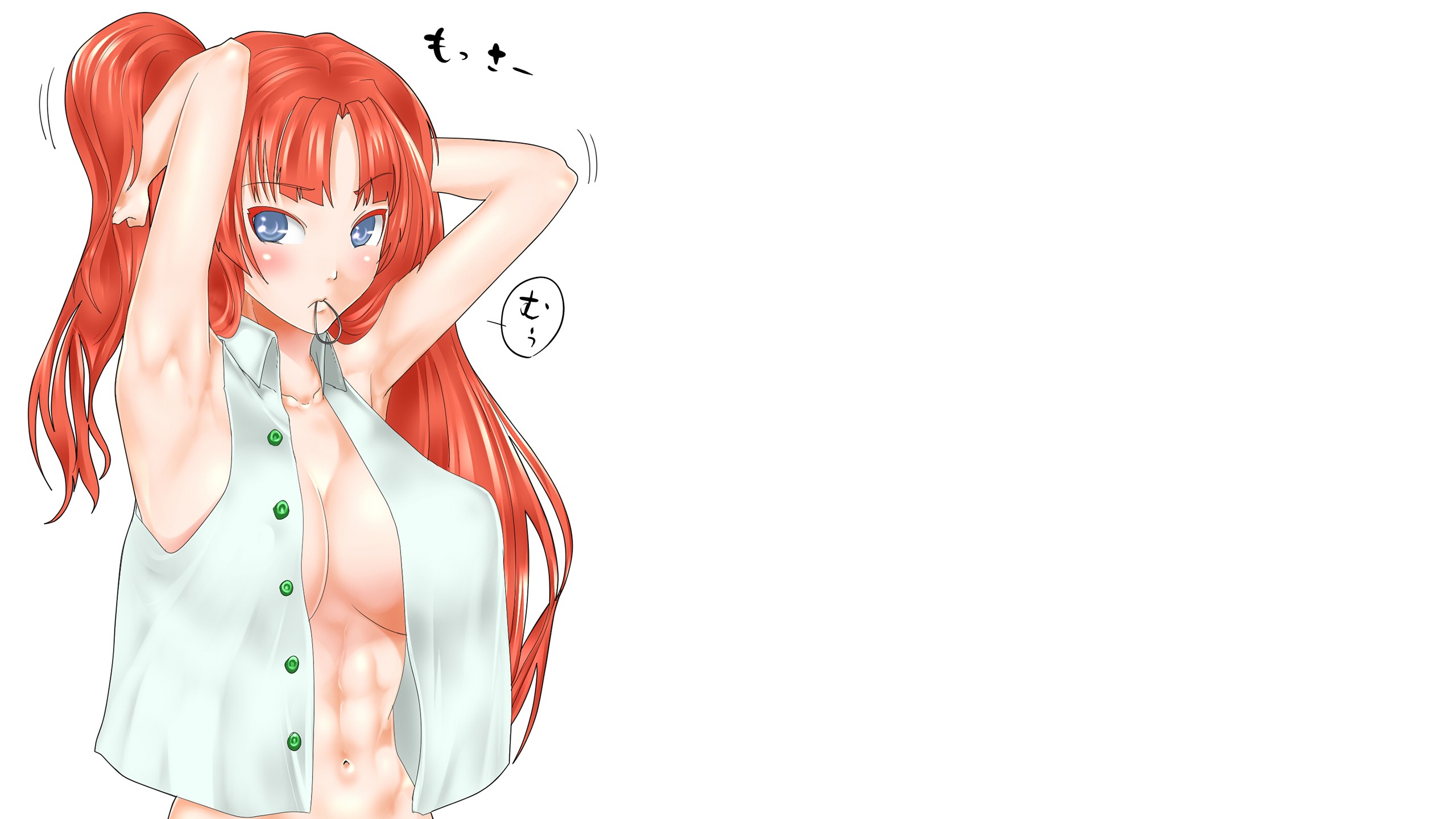 Anime 2560x1440 Hong Meiling redhead blue eyes cleavage big boobs abs belly button Touhou open shirt boobs huge breasts partially clothed arms up armpits white background anime anime girls long hair hands in hair