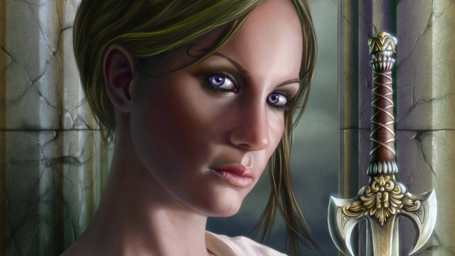 General 1920x1080 fantasy art face women sword artwork makeup purple eyes closeup looking at viewer