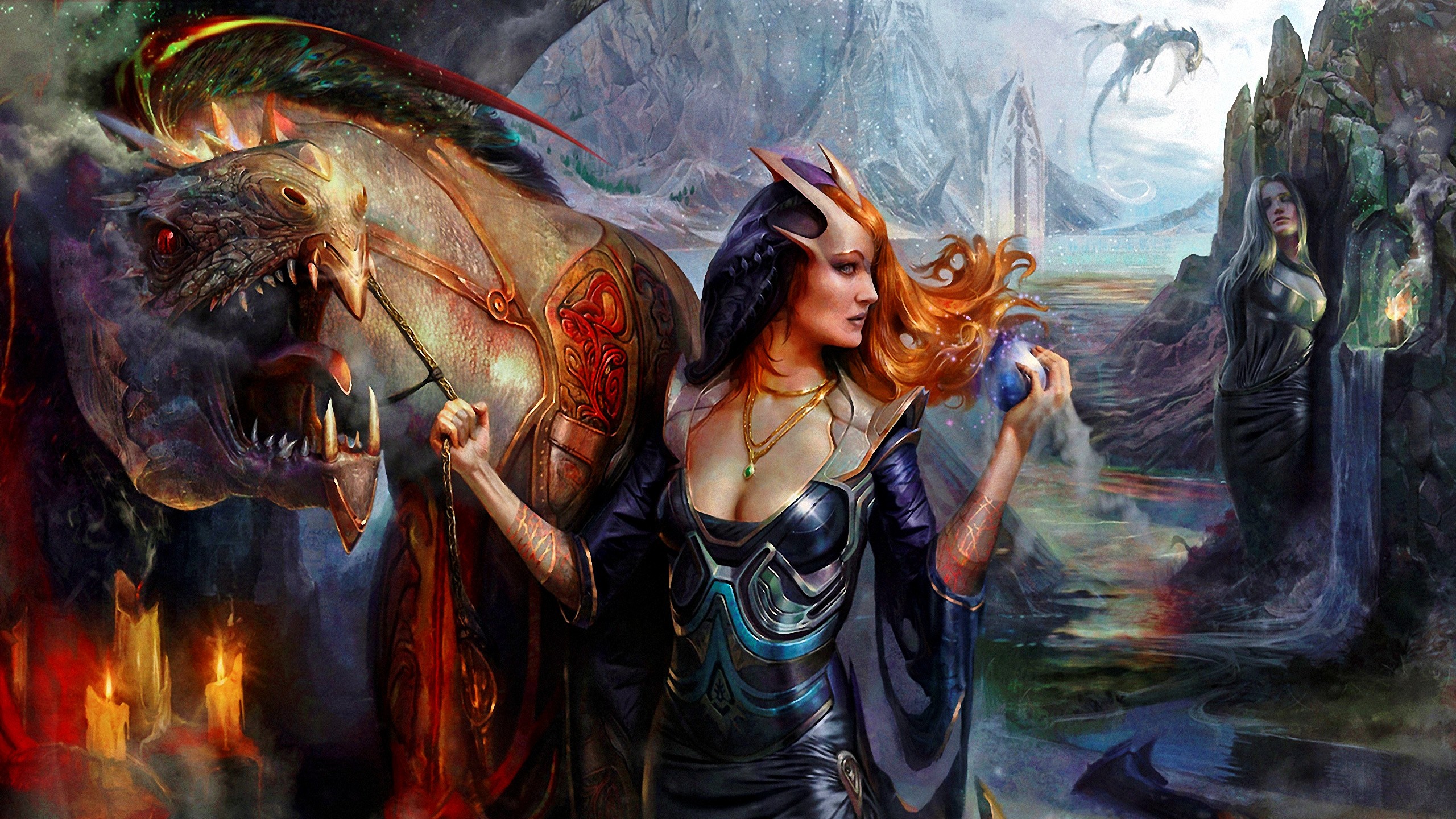 General 2560x1440 fantasy art dragon fantasy girl creature necklace women