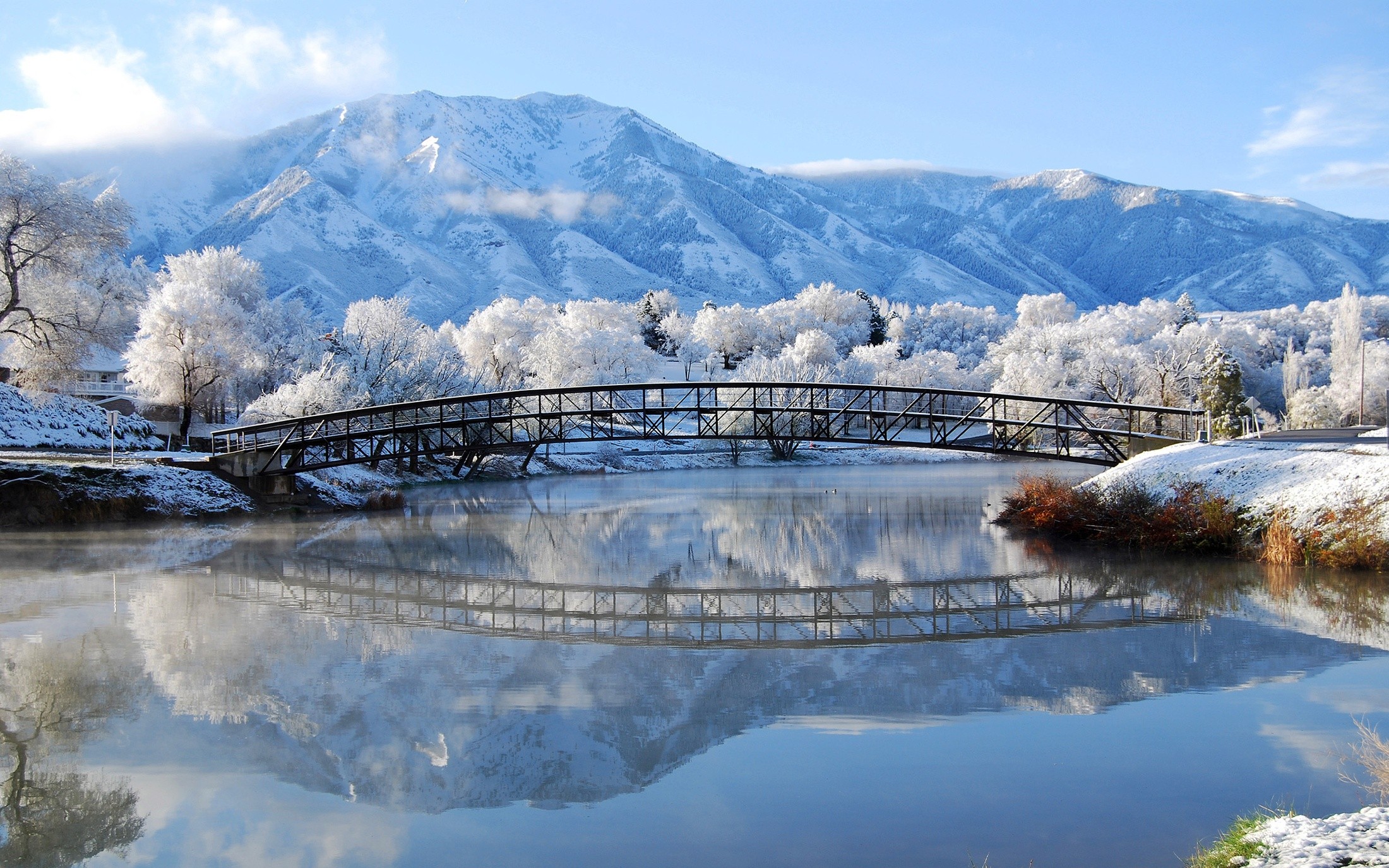 General 2200x1375 bridge river winter frost mountains landscape nature reflection cold outdoors ice