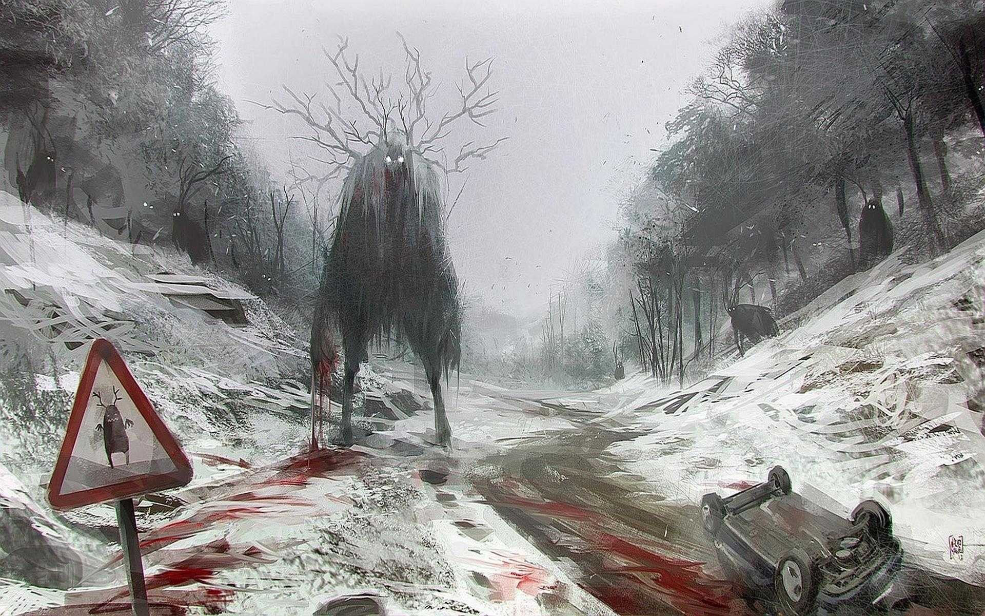General 1920x1200 fantasy art blood creature horror sign road car snow wreck vehicle