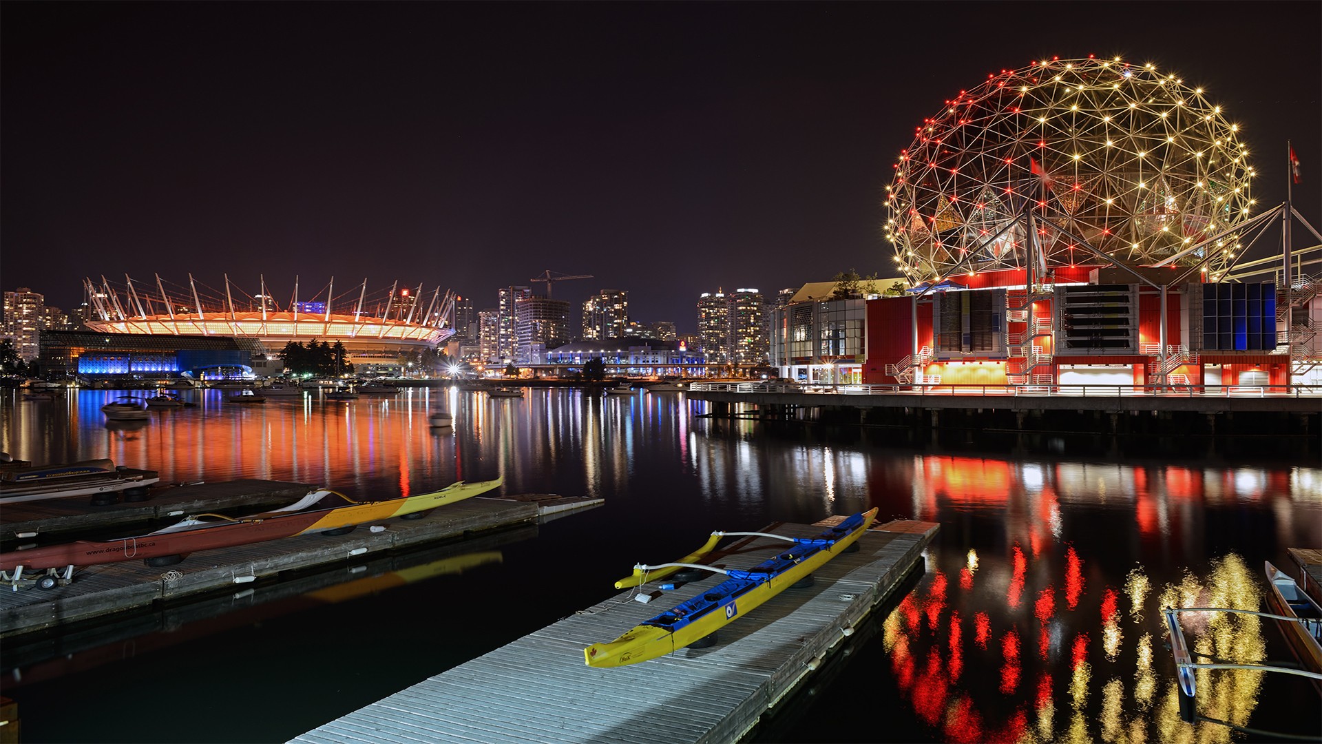 General 1920x1080 pier Vancouver city city lights boat Canada reflection