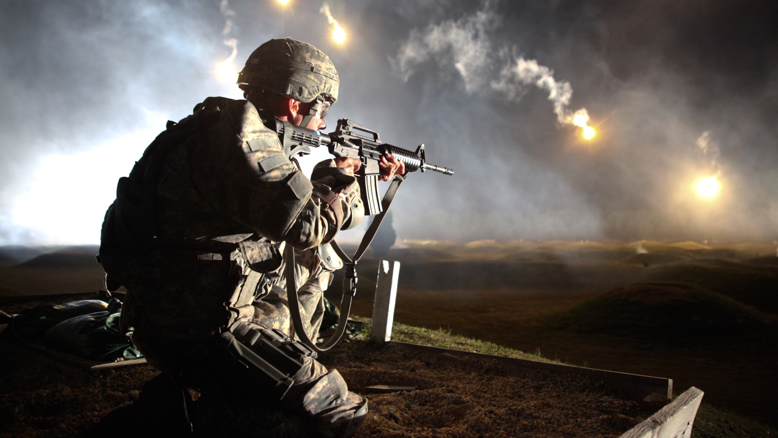 People 2560x1440 military flares United States Army night smoke soldier M4 weapon