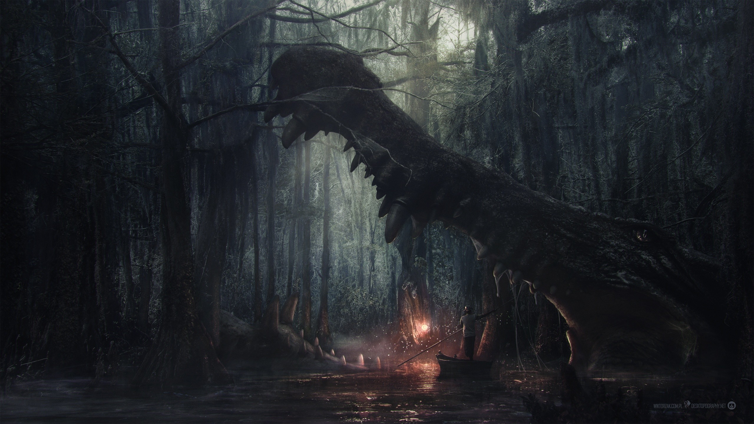 General 2560x1440 creature artwork trees swamp fantasy art Desktopography watermarked digital art