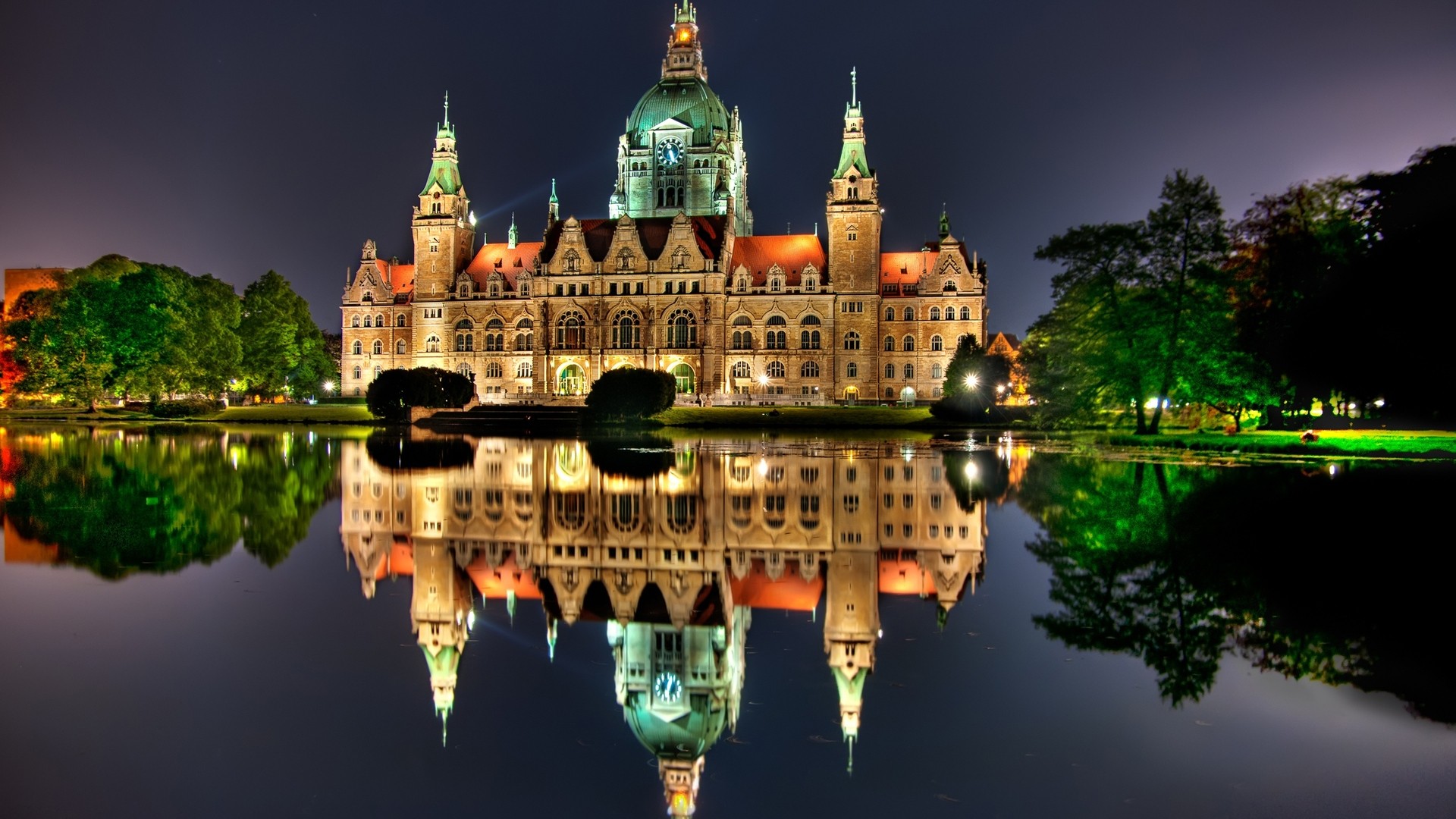 General 1920x1080 architecture city cityscape Germany water old building night lights sky castle lake reflection mirrored clock tower Hanover city hall landscape trees