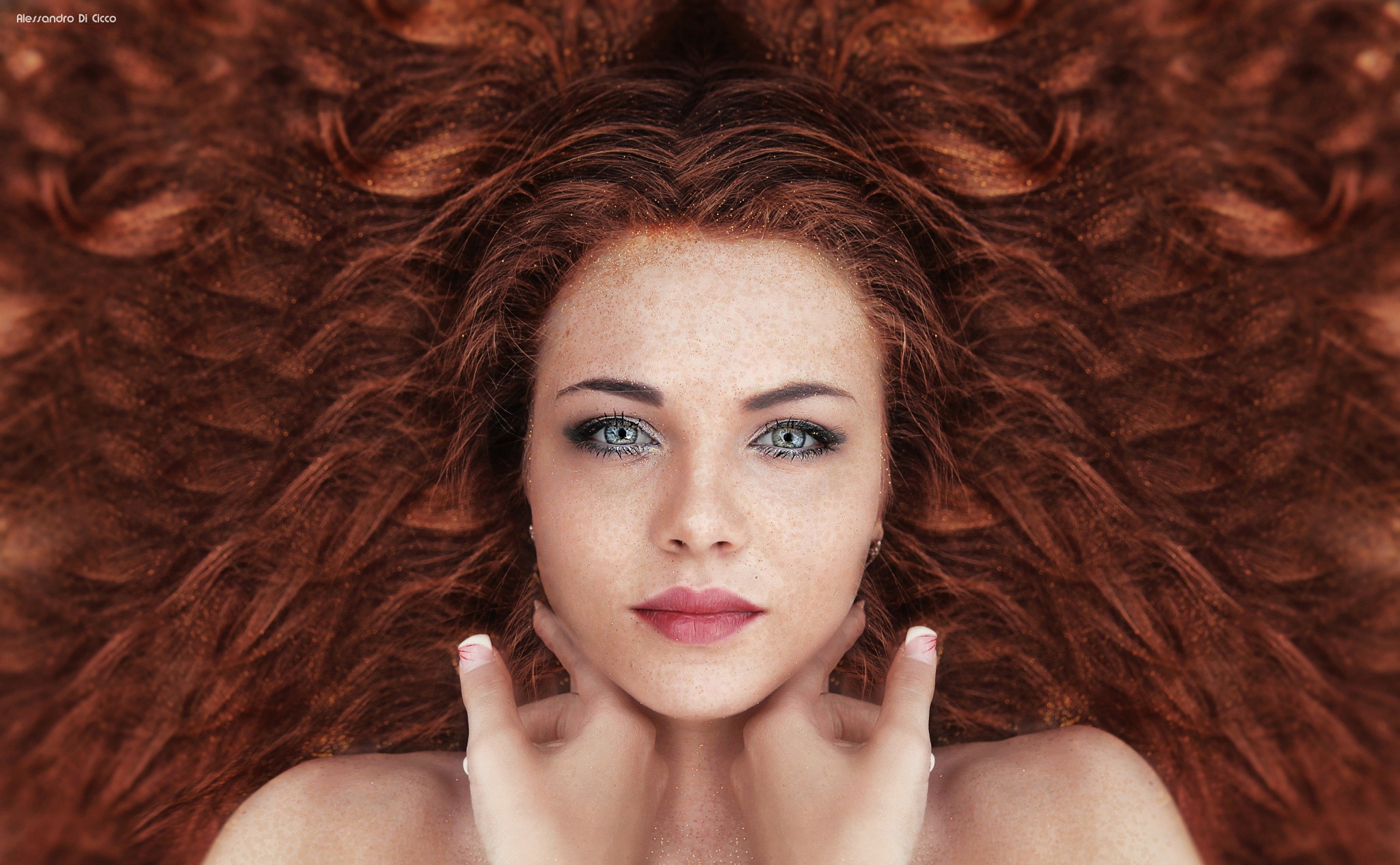 People 2048x1267 women Alessandro Di Cicco blue eyes face portrait bare shoulders freckles wavy hair hands redhead looking at viewer model eyes