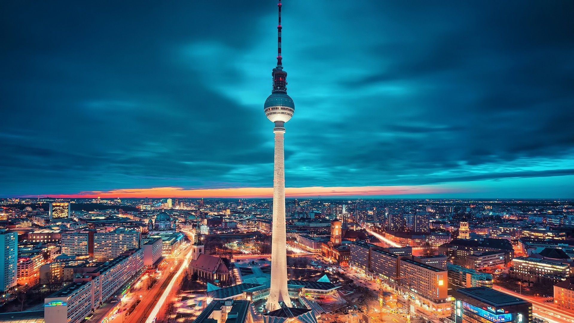 General 1920x1080 Berlin cityscape dusk city lights tower city Germany Berlin TV Tower landmark Europe