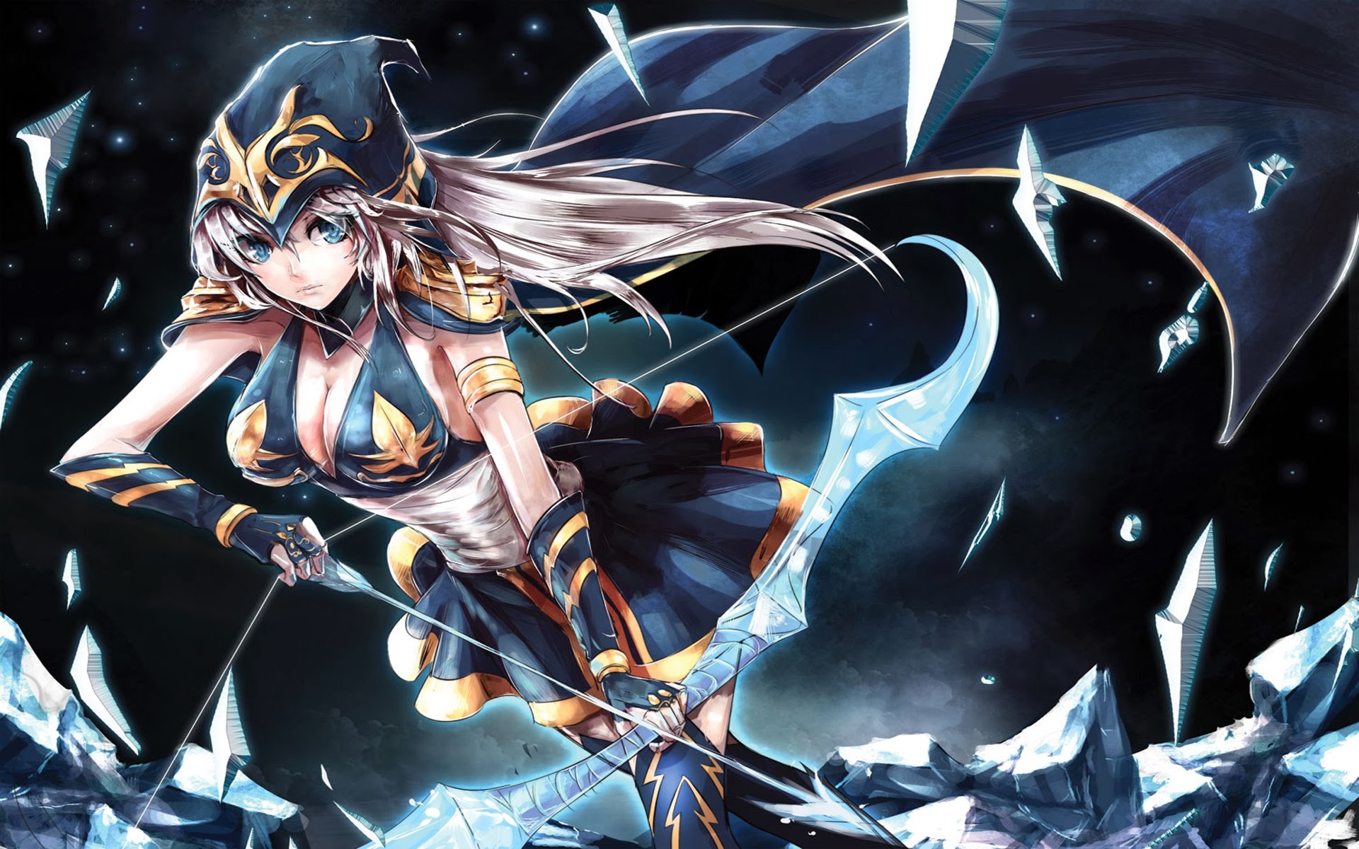 Anime 1920x1200 League of Legends video games archer PC gaming video game art boobs cleavage Ashe (League of Legends) video game girls fantasy girl hoods long hair bow arrows cape blue eyes big boobs video game characters bow and arrow fantasy art