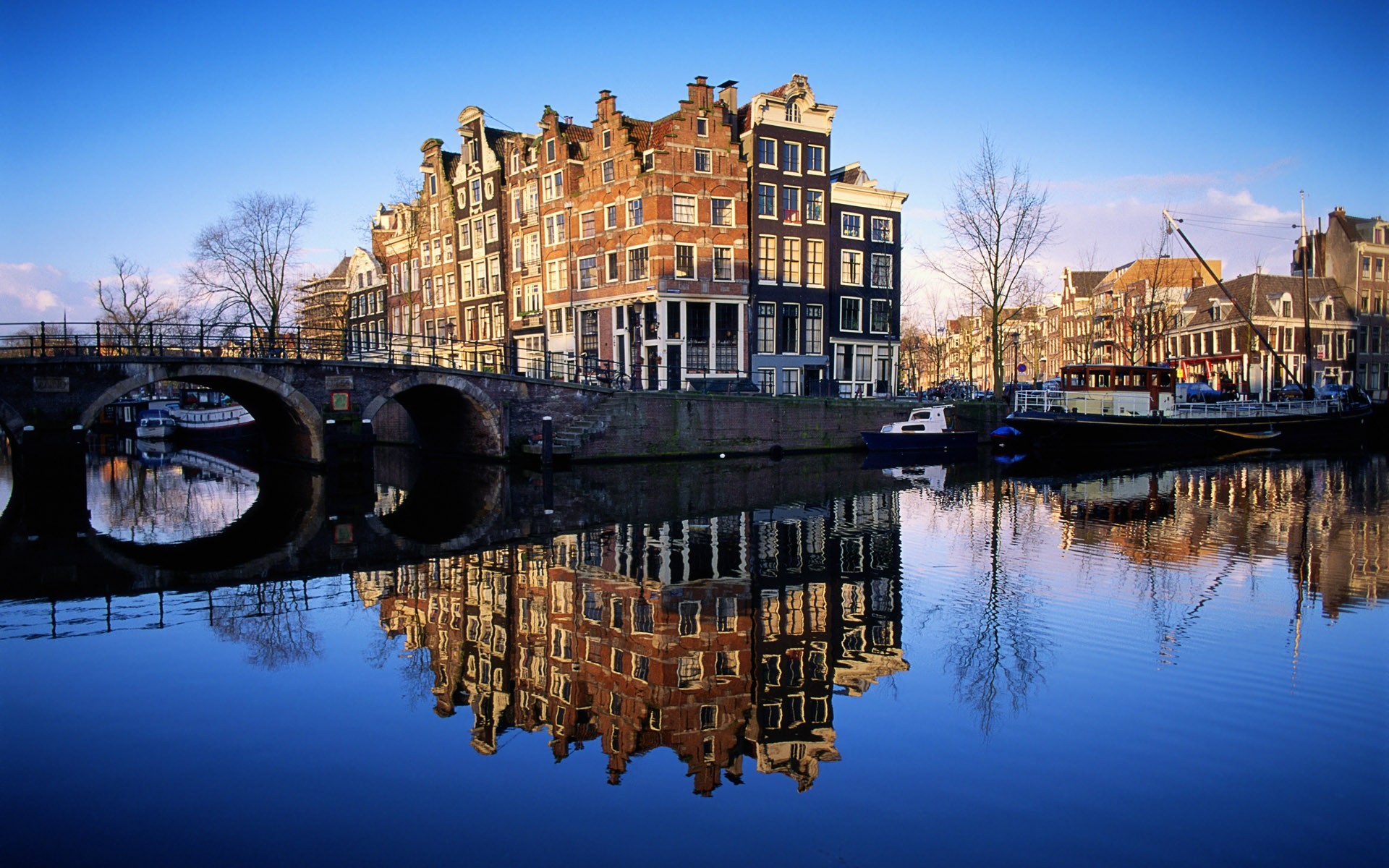 General 1920x1200 reflection bridge Amsterdam cityscape Netherlands building water city boat