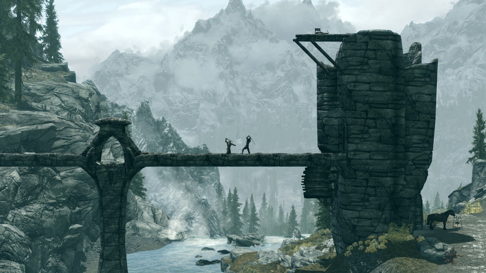 General 1920x1080 video games The Elder Scrolls V: Skyrim bridge RPG PC gaming mountains