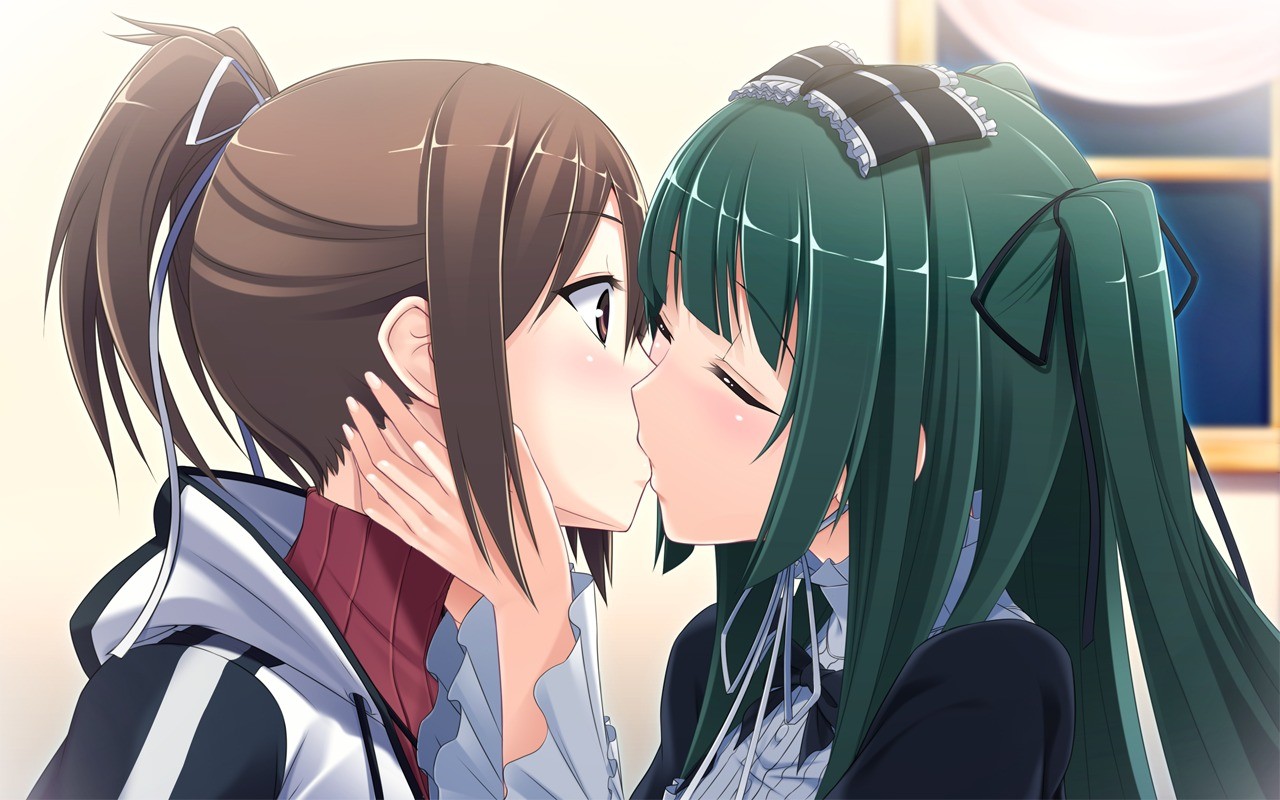 Anime 1280x800 yuri lesbians anime girls green hair anime kissing.