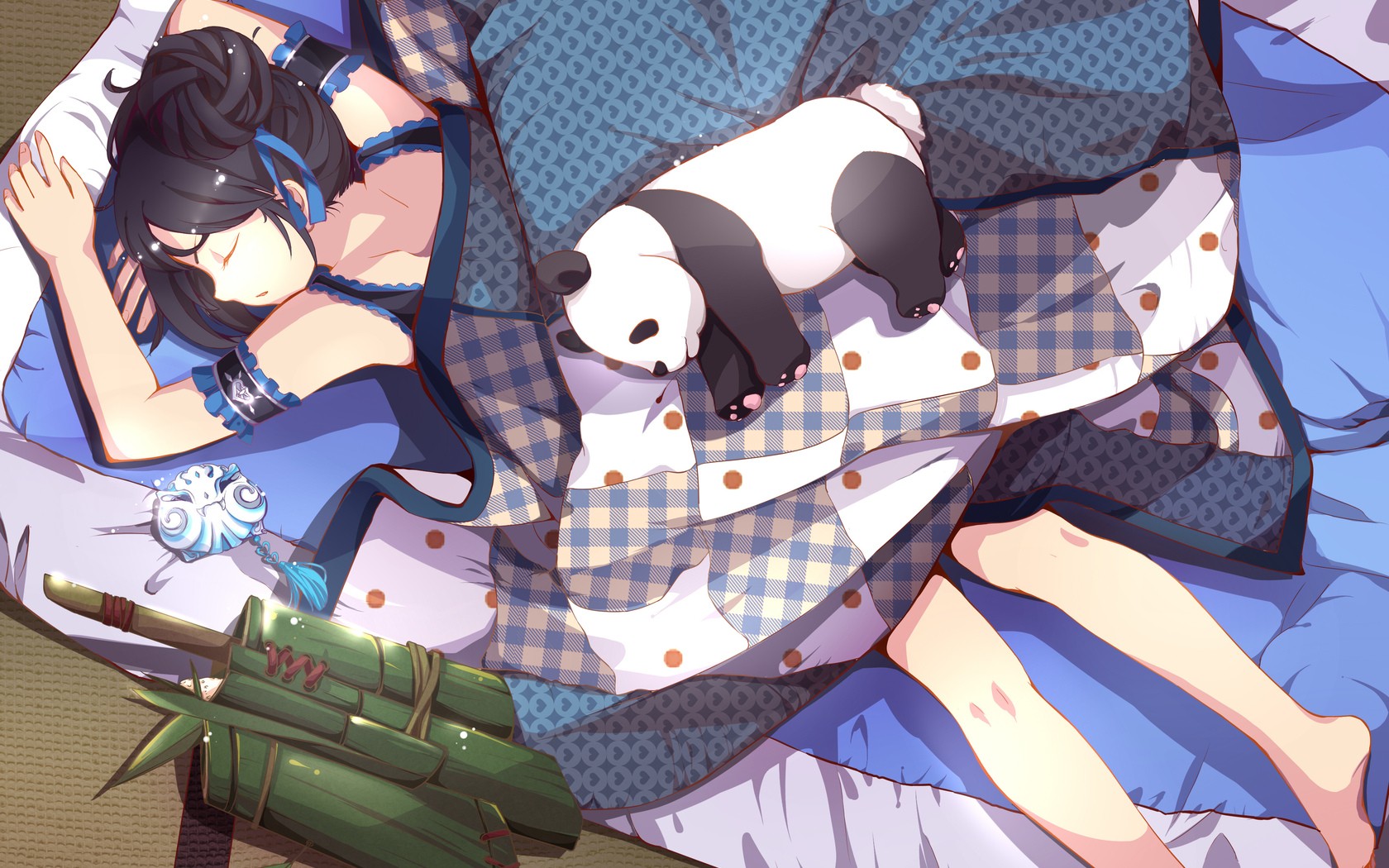 Anime 1680x1050 ribbon sleeping bamboo anime girls anime mask blankets lying on front lying down closed eyes in bed bed top view black hair