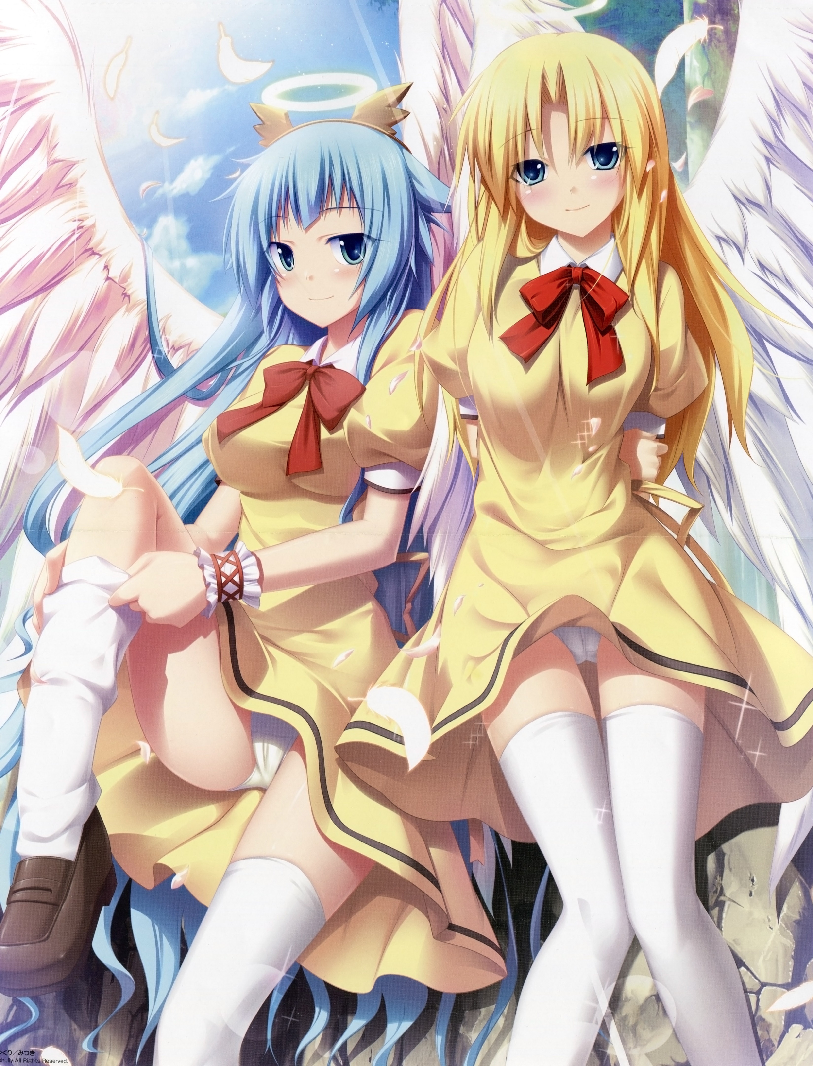 Anime 3300x4326 angel Melodiana Kamidori Alchemy Meister anime girls panties blonde cyan hair boobs stockings looking at viewer knees together