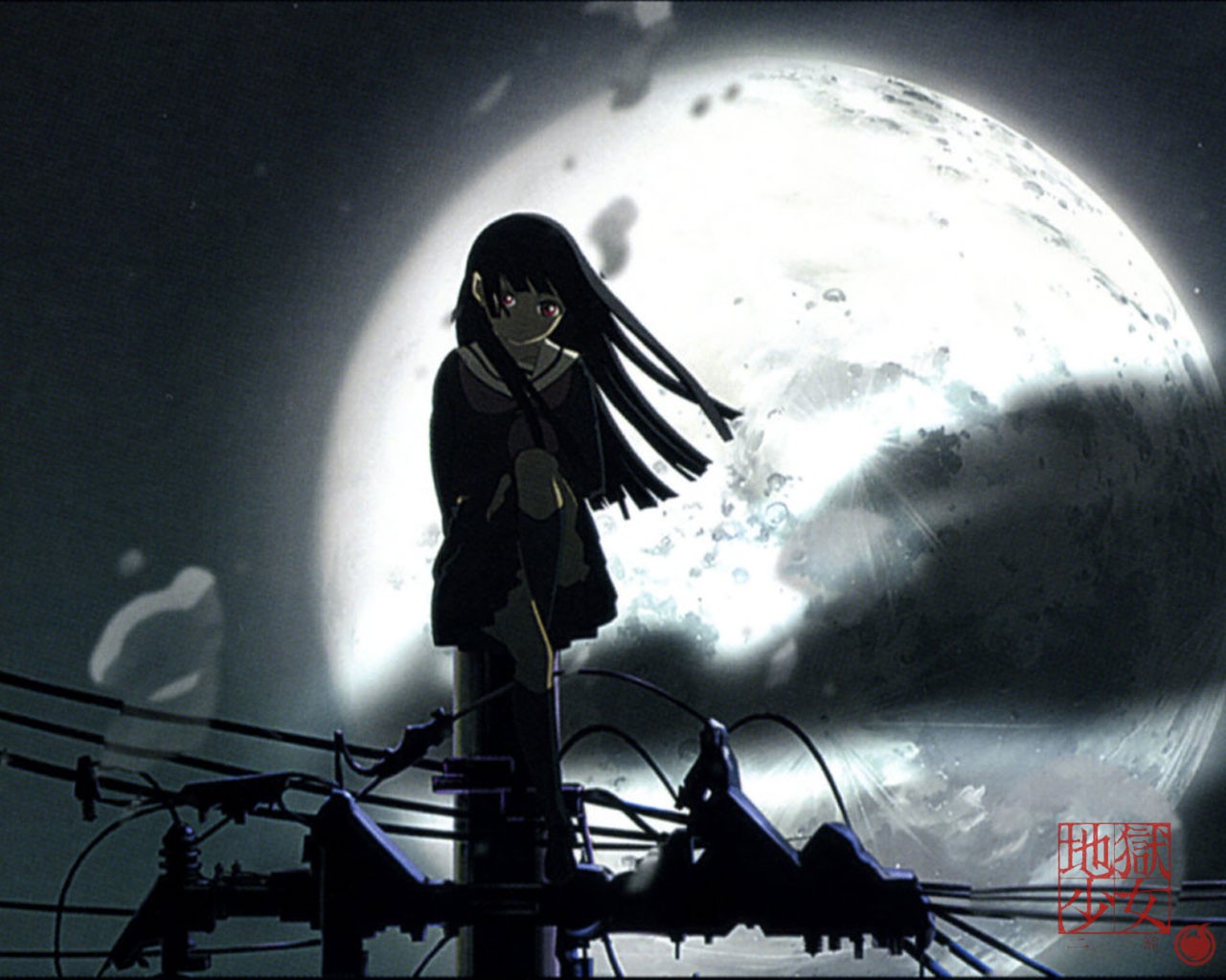 Anime 1280x1024 anime Moon dark hair Jigoku Shoujo red eyes sitting looking at viewer outdoors night dark