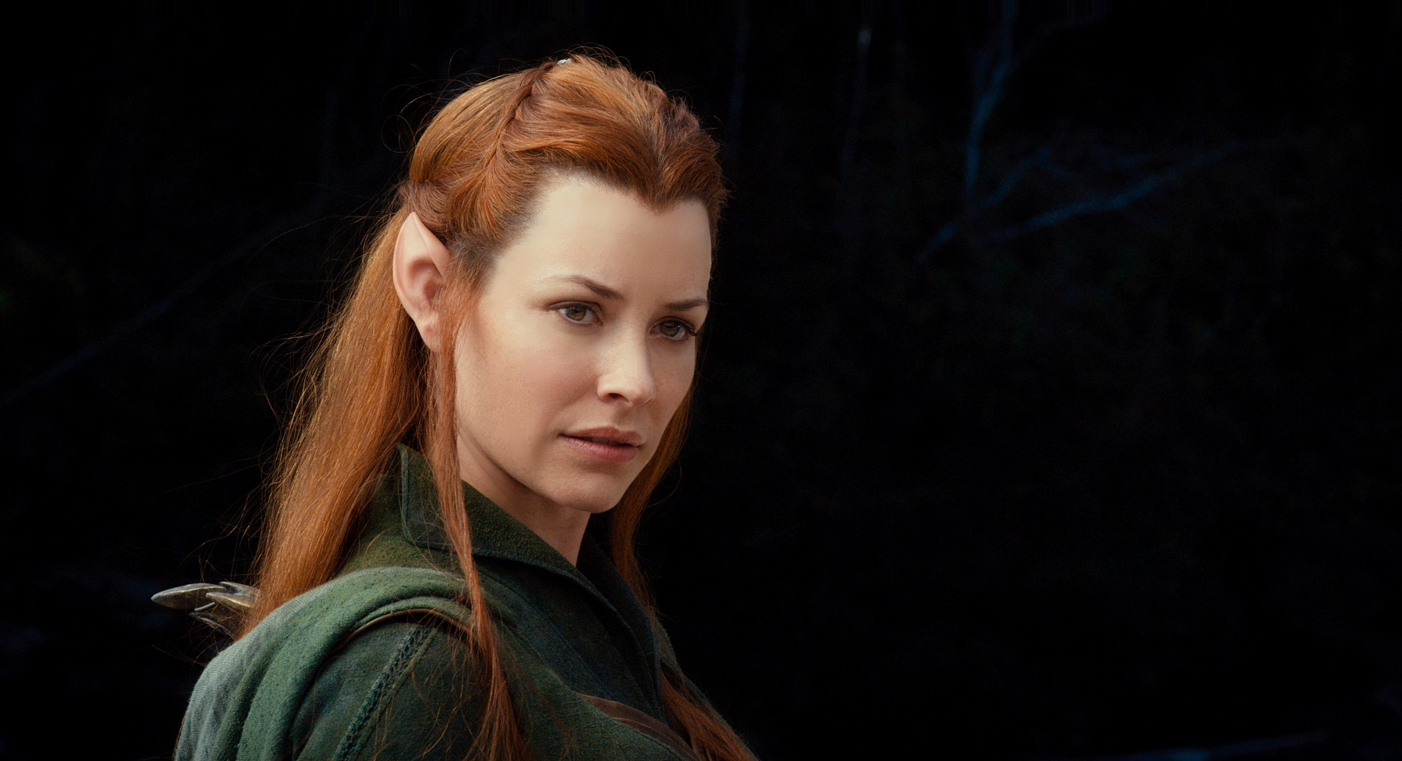People 2018x1096 The Hobbit Tauriel The Hobbit: The Desolation of Smaug movies fantasy girl Evangeline Lilly Canadian women women actress redhead pointy ears long hair dark background face film stills