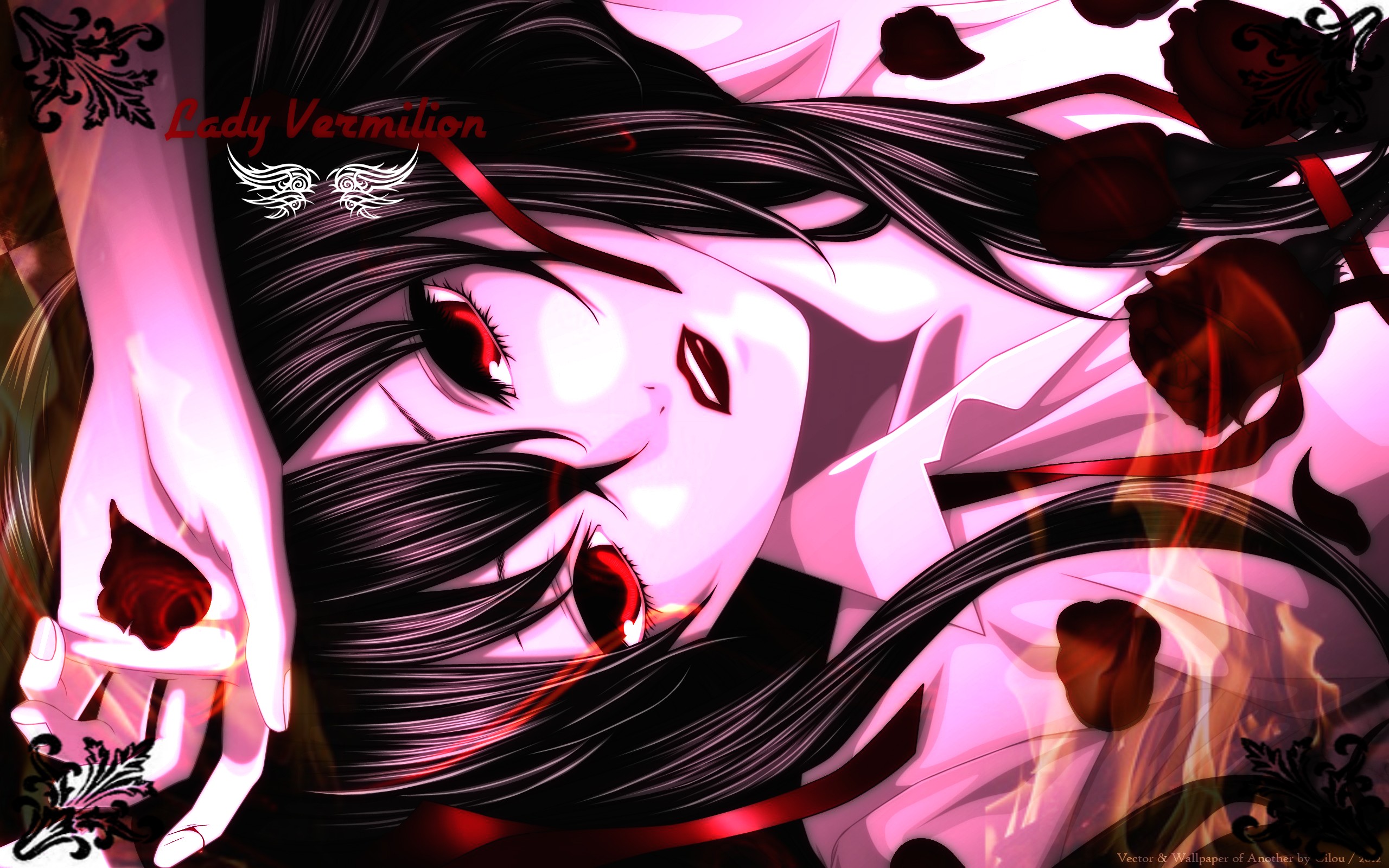 Anime 2560x1600 anime girls red eyes leaves dark hair anime 2012 (Year) women red lipstick face flowers plants rose red flowers lying on back looking at viewer