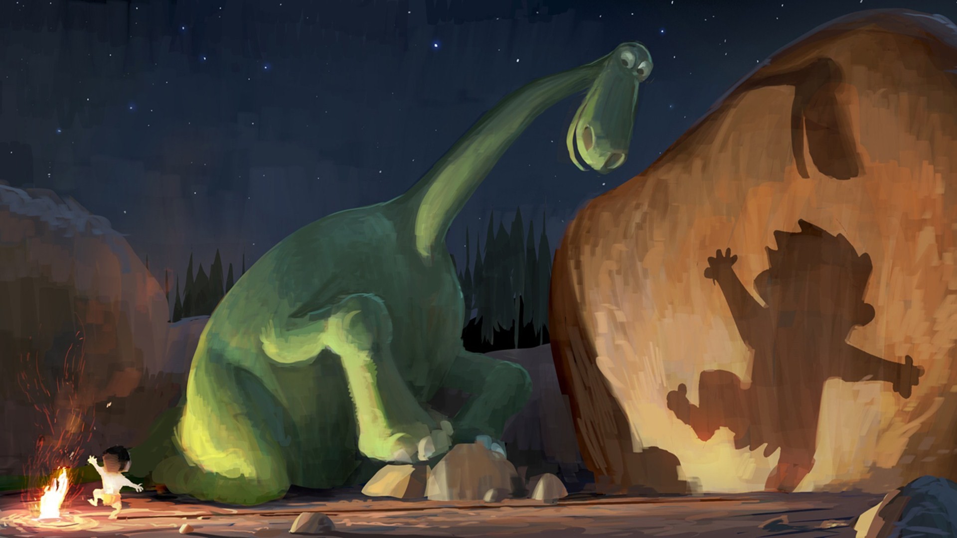 General 1920x1080 digital art animals nature Pixar Animation Studios dinosaurs The Good Dinosaur stones night fire shadow stars dancing movies animated movies