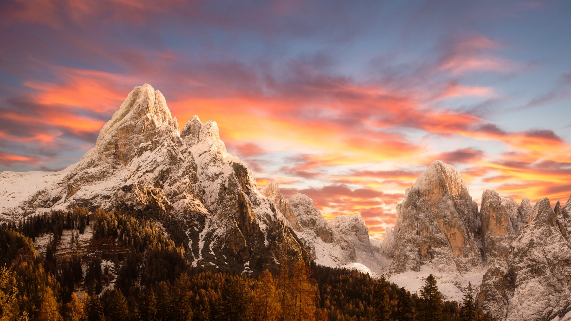 General 1920x1080 nature landscape sunset mountains snowy peak sky forest fall Dolomites Italy snowy mountain