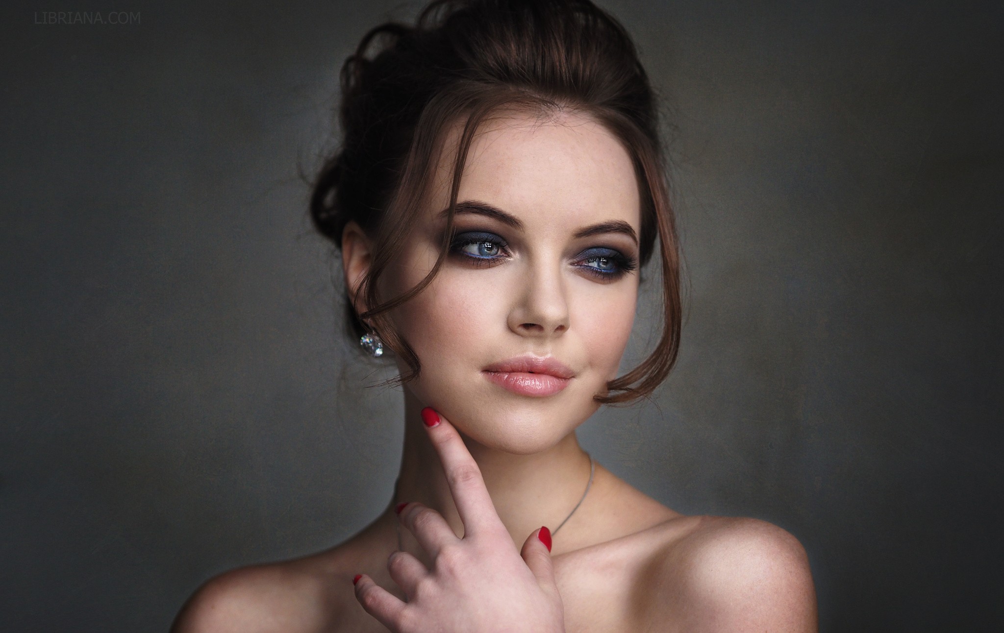 People 2048x1292 women looking away face portrait painted nails simple background Polina Bodrova Libriana women indoors indoors model makeup red nails brunette eyeliner fingers studio closeup watermarked