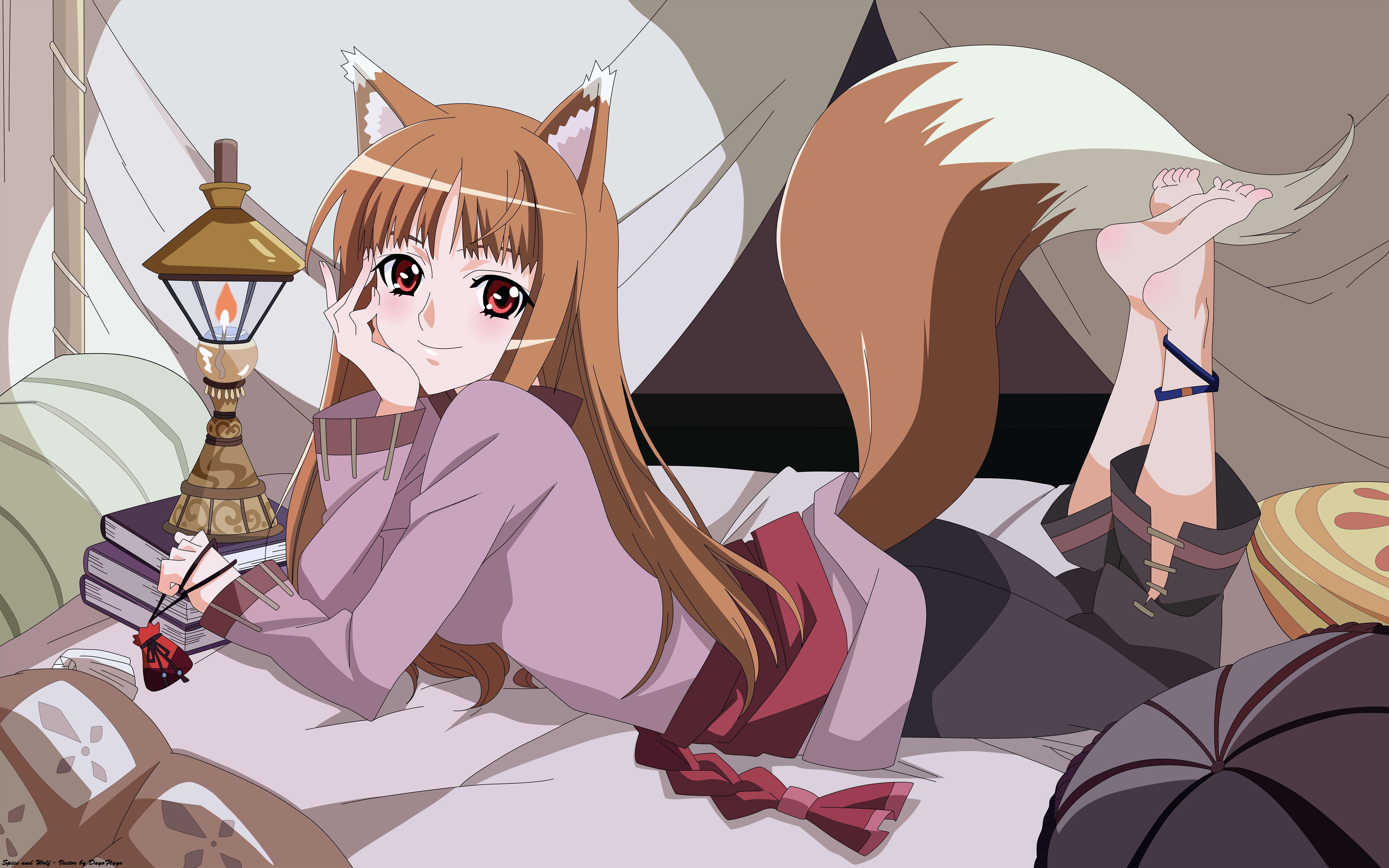 Anime 7997x4997 anime anime girls Holo (Spice and Wolf) Spice and Wolf wolf girls lying on front tail animal ears books barefoot smiling brunette fantasy art fantasy girl red eyes looking at viewer