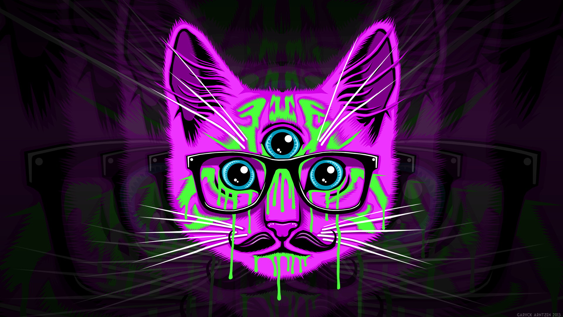 General 1920x1080 cats psychedelic glasses moustache pink animals digital art 2013 (Year)