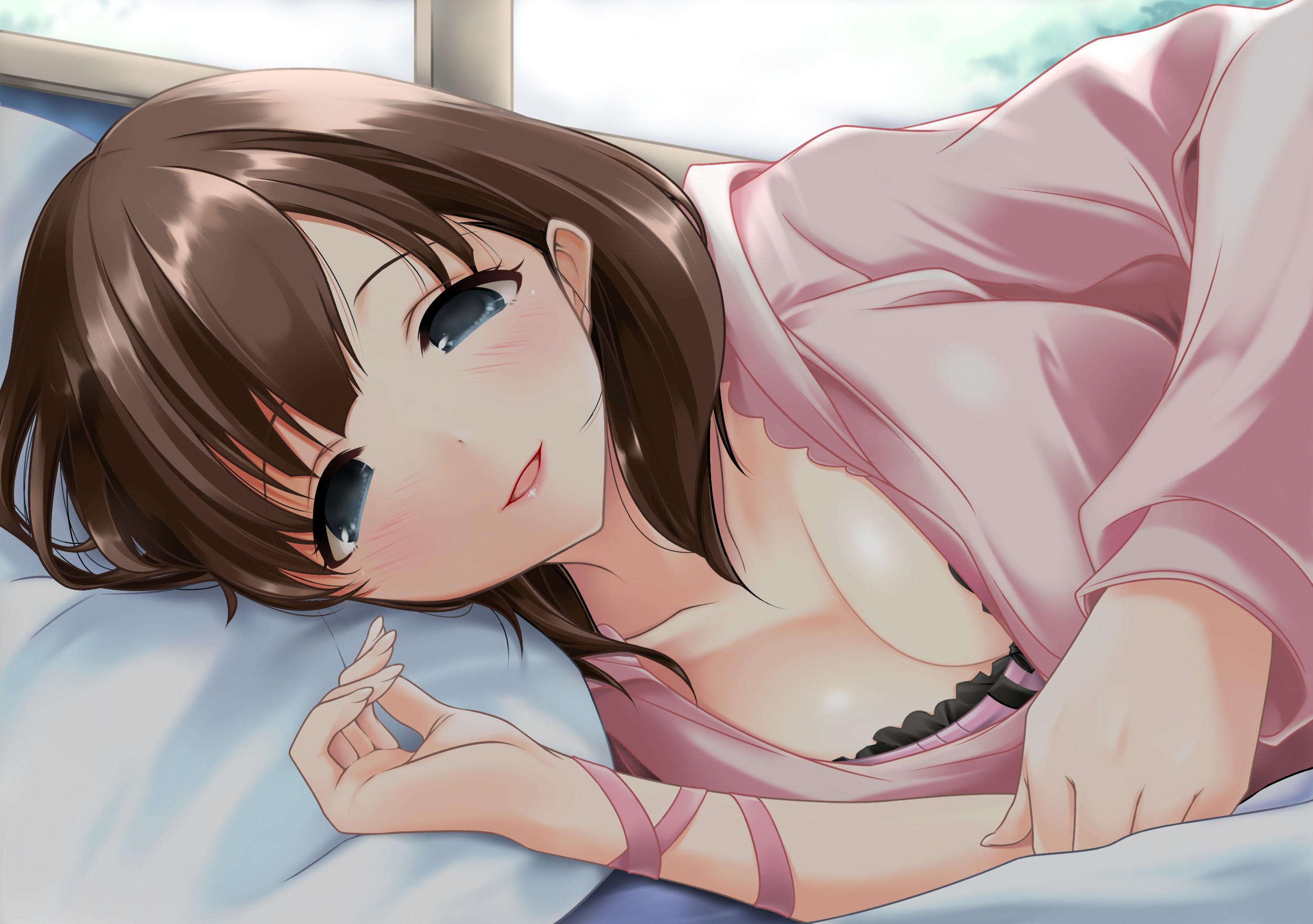Anime 2500x1760 anime anime girls cleavage Sakuma Mayu THE iDOLM@STER: Cinderella Girls THE iDOLM@STER boobs brunette face lying down women indoors looking at viewer