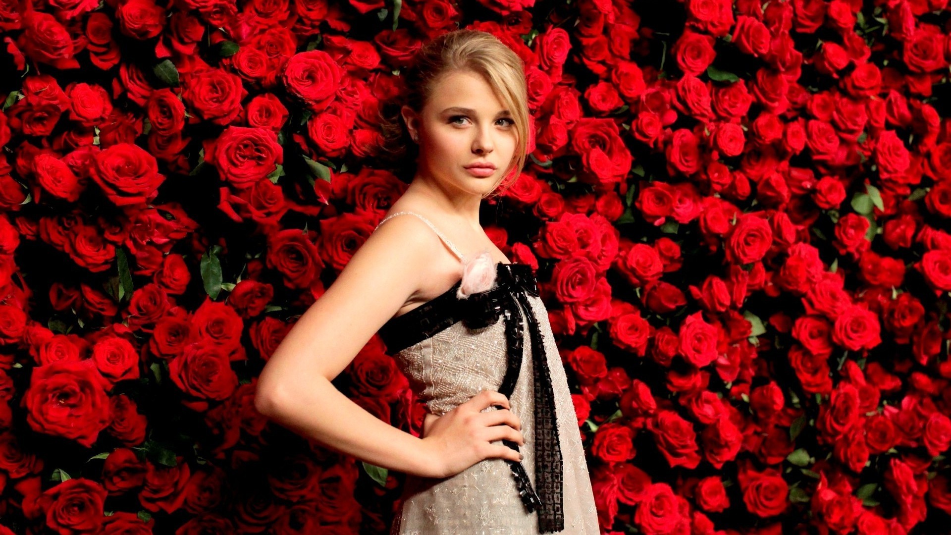 People 1920x1080 Chloë Grace Moretz blonde women actress celebrity flowers rose plants dress standing red flowers looking at viewer hands on hips