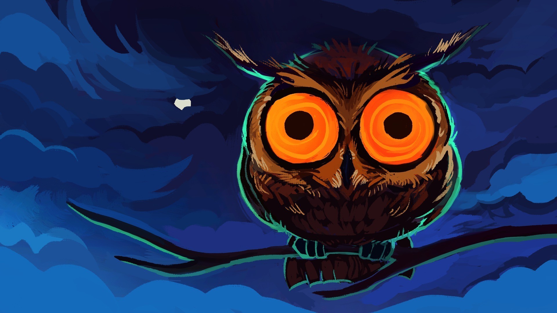 General 1920x1080 branch artwork night animals blue animal eyes birds clouds owl