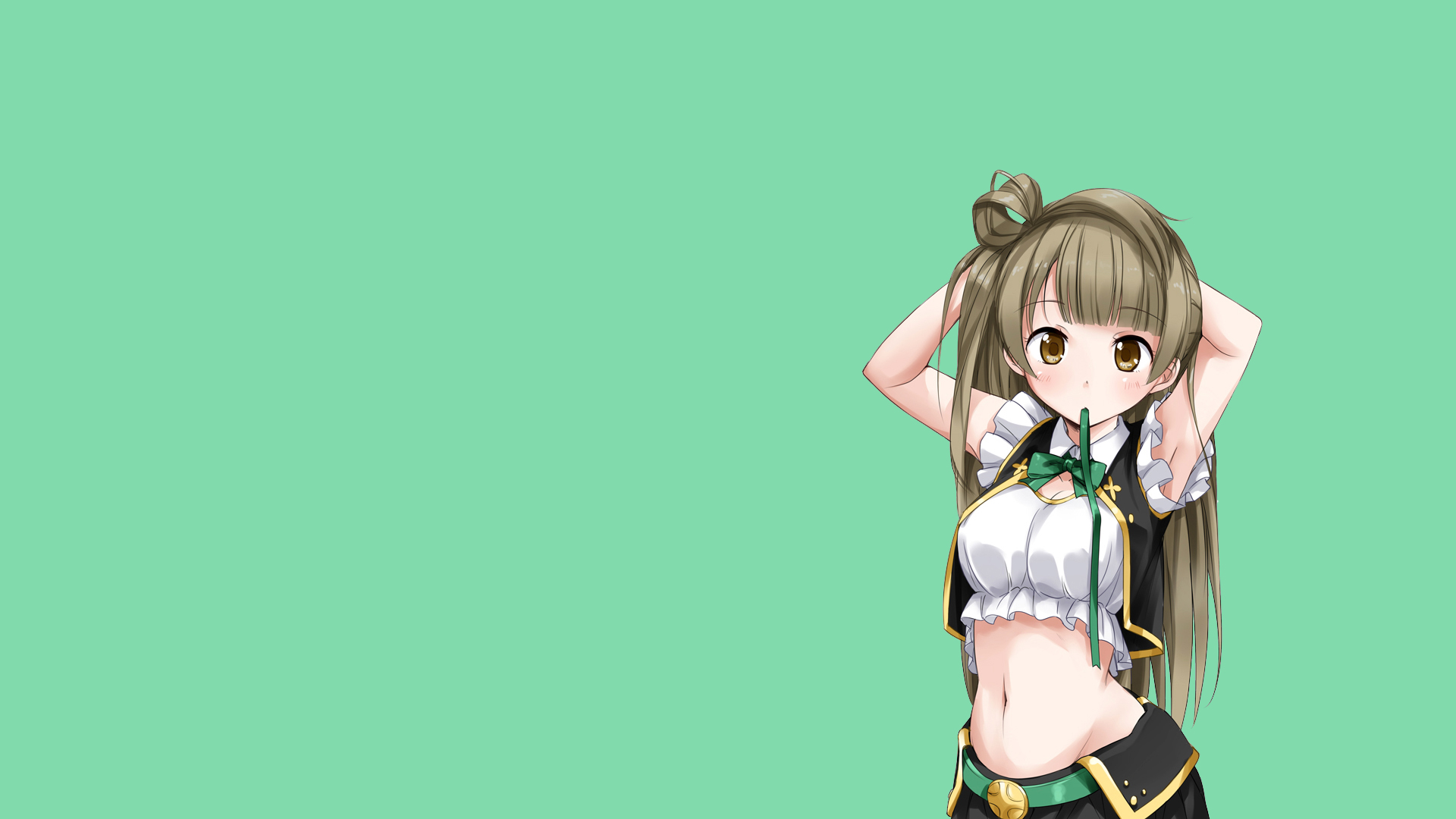 Anime 1920x1080 Love Live! anime girls anime simple background boobs arms up belly green background bare midriff belly button belt brunette long hair
