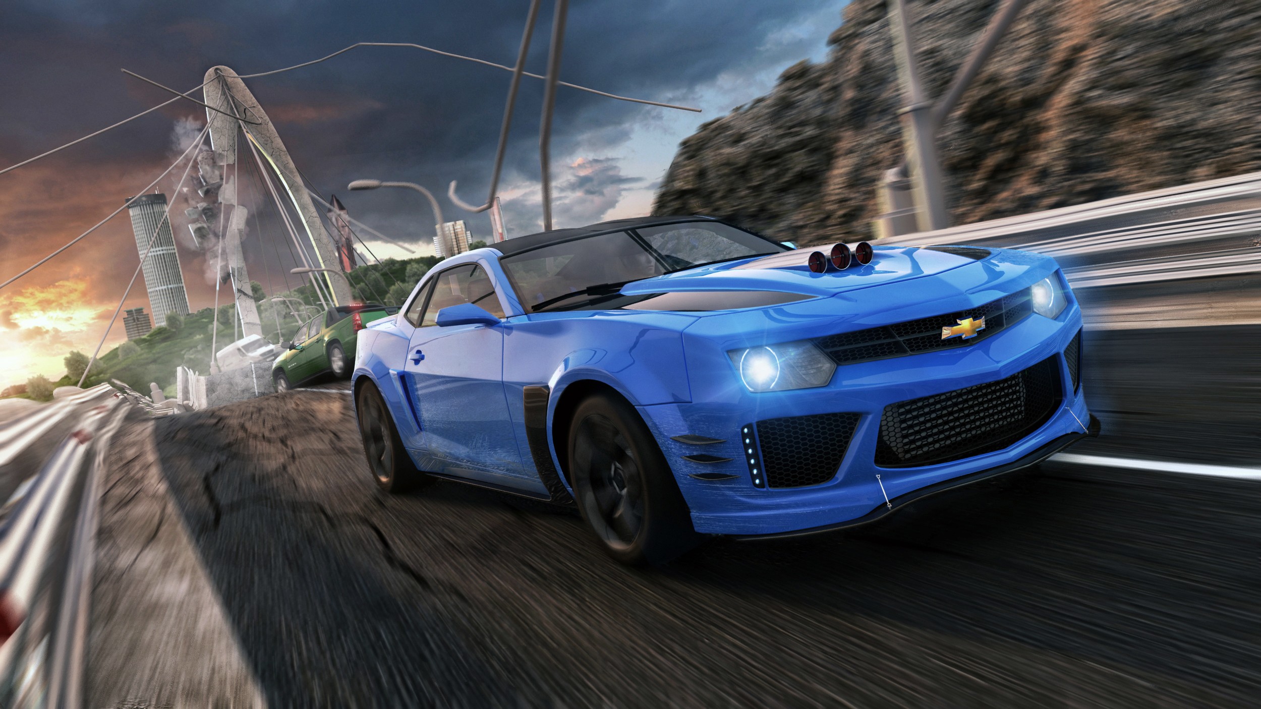 General 2500x1406 CGI Chevrolet Camaro car blue cars vehicle video games video game art racing bridge