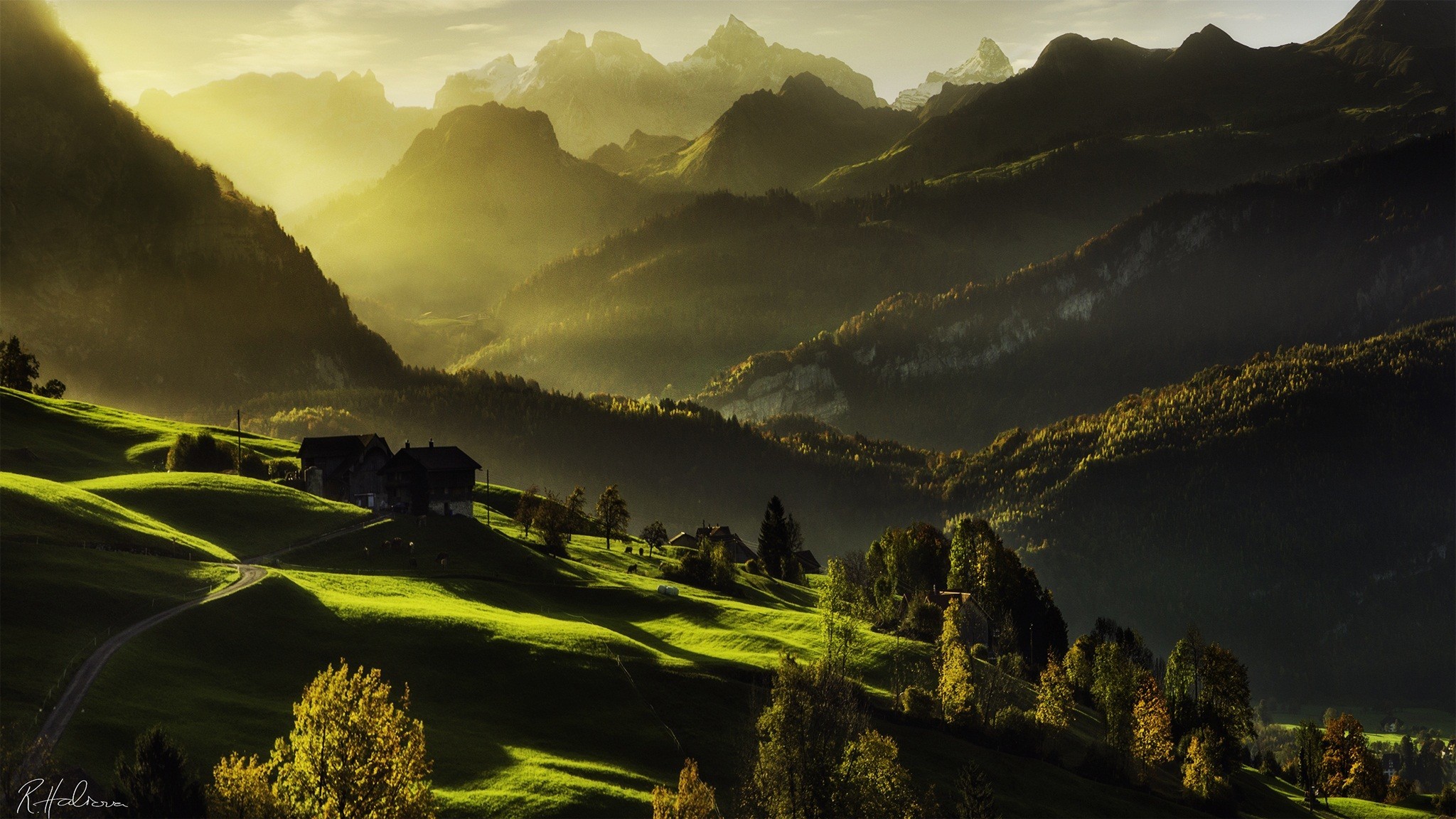 General 2048x1152 landscape nature mountains field sunlight Switzerland Alps