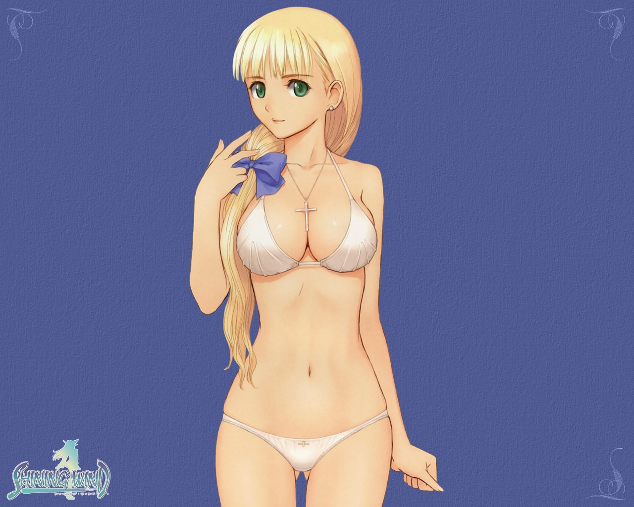 Anime 1280x1024 Tony Taka anime girls necklace blonde anime boobs belly green eyes blue background looking at viewer standing Shining Wind