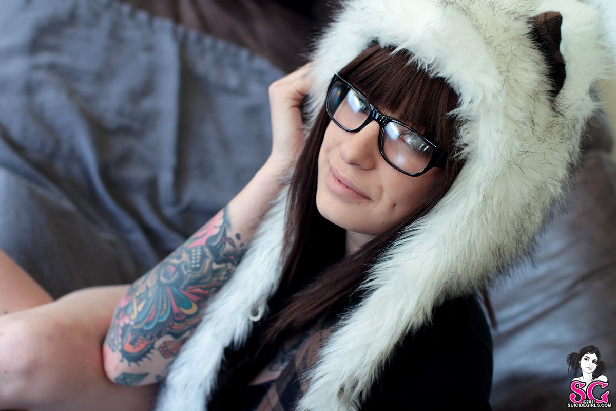 People 1200x800 Suicide Girls women with glasses tattoo fur cap brunette women long hair inked girls looking at viewer 2011 (Year) indoors women indoors model