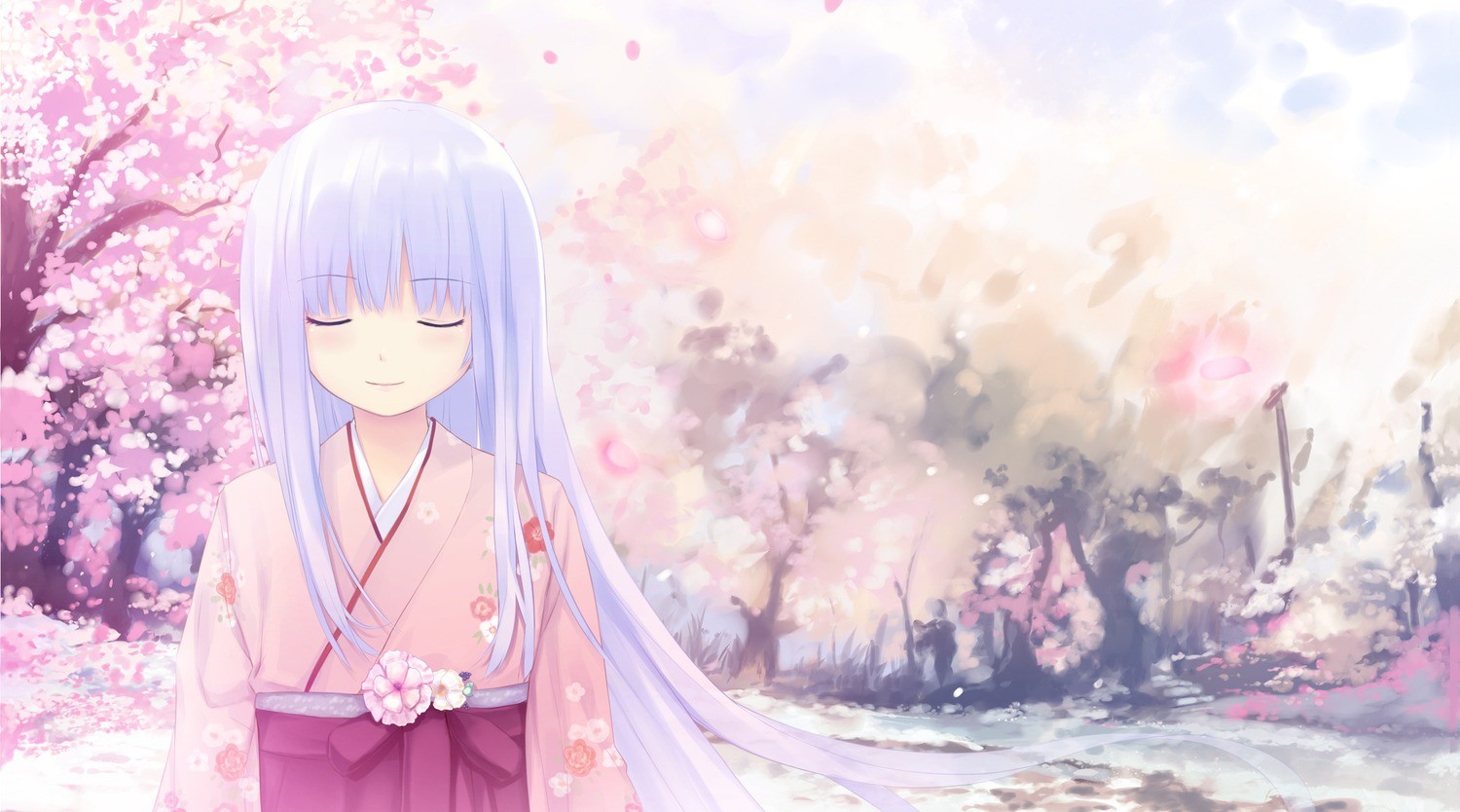Anime 1500x834 kimono anime anime girls purple hair long hair closed eyes fantasy art fantasy girl Asia cherry blossom