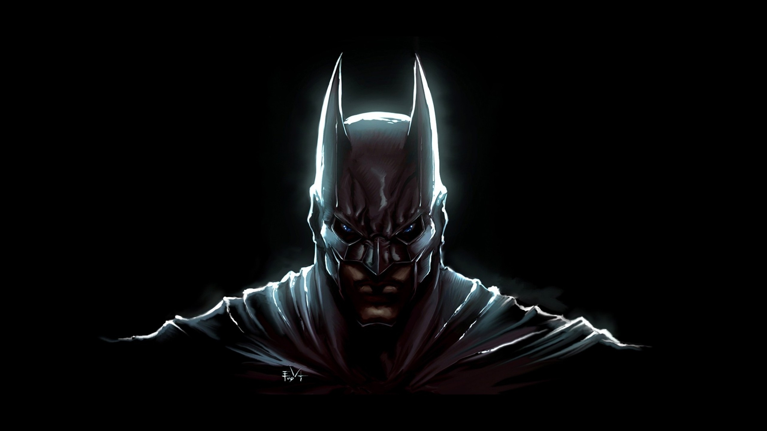General 2560x1440 artwork black background dark blue eyes simple background Batman superhero